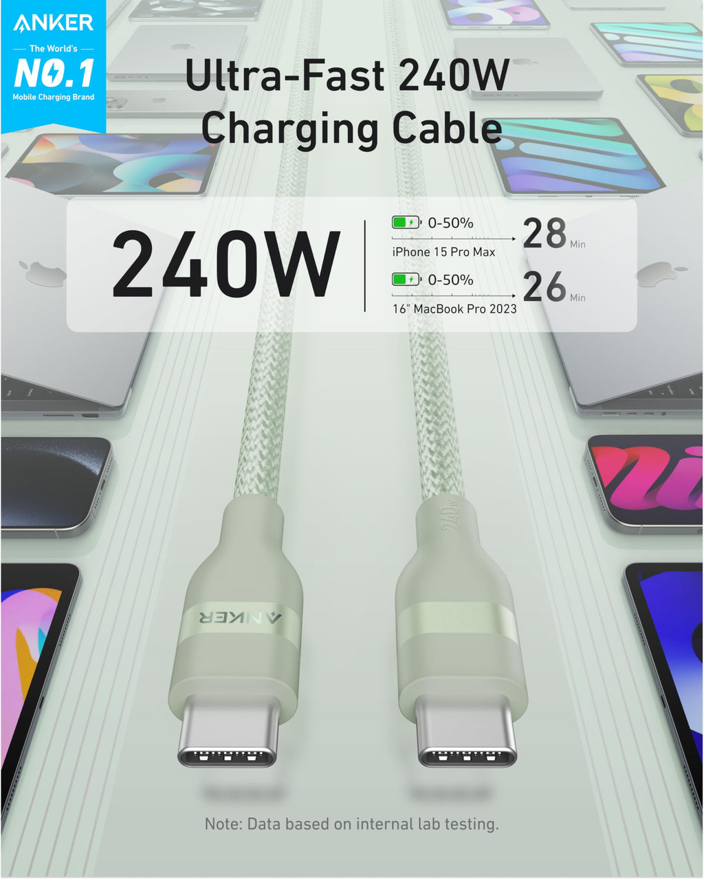Anker Ultra-Fast 240W charging cable with smartphone screens in the background