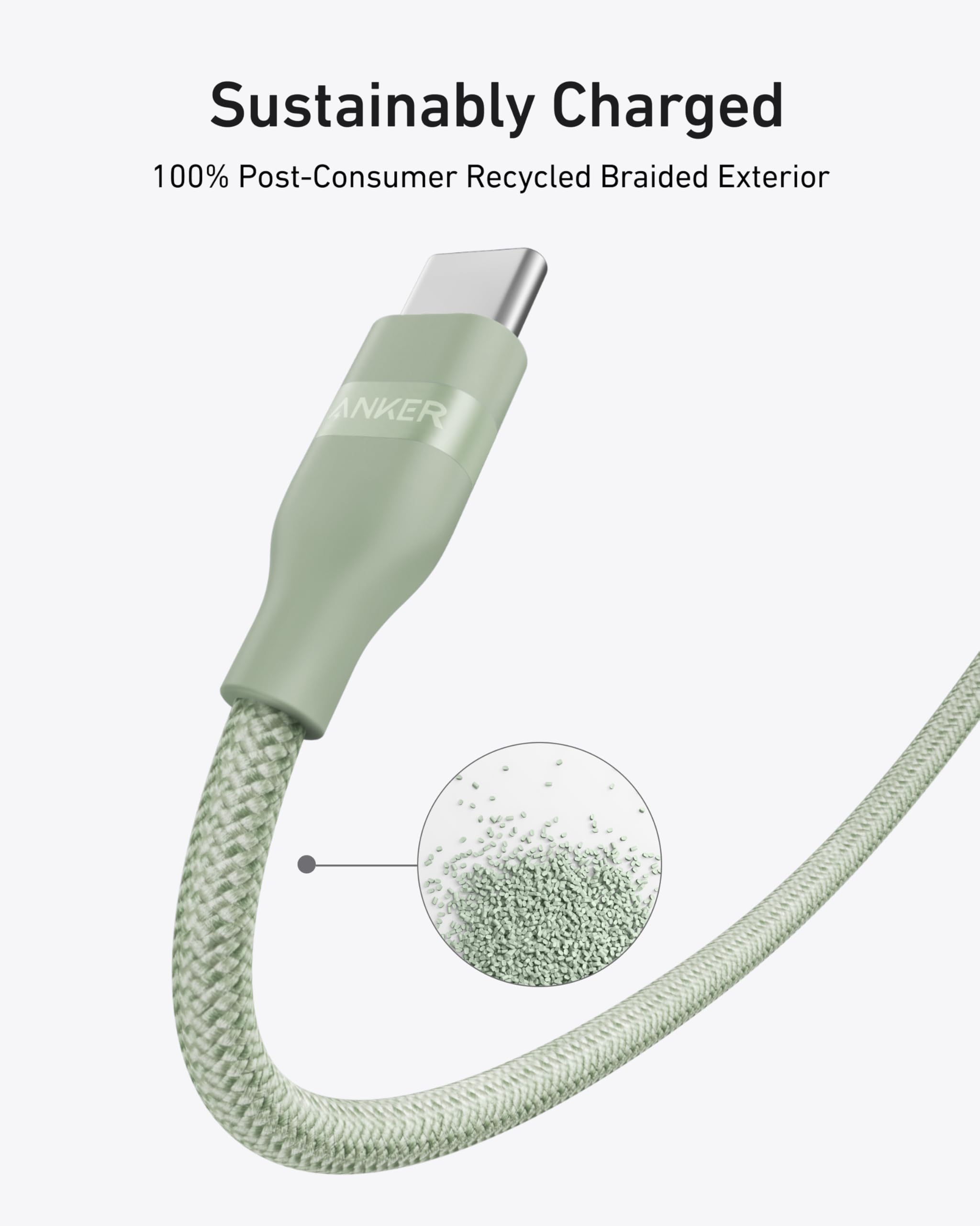 Green Anker charging cable with braided exterior on a white background