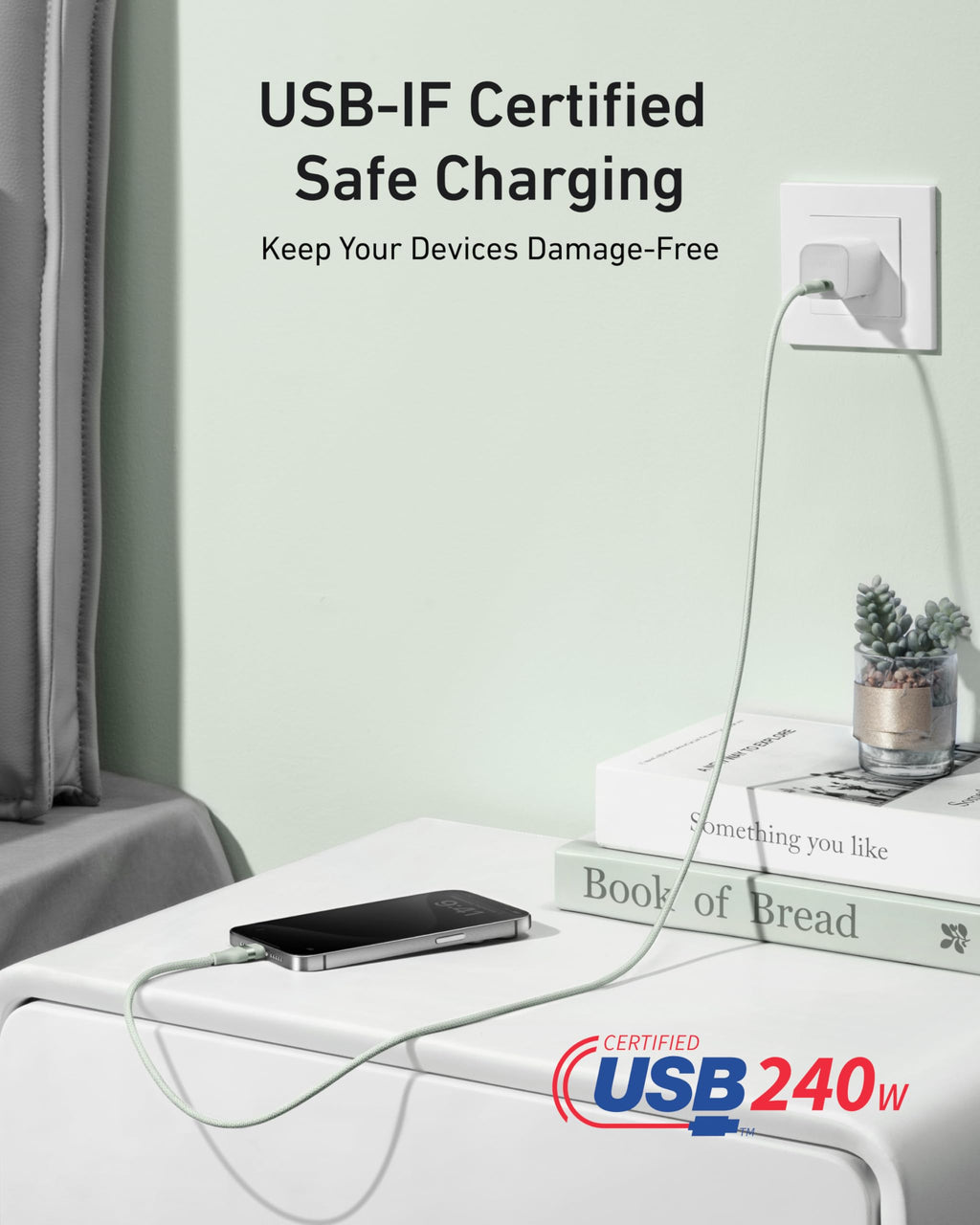 USB charging cable connected to a wall outlet with text about USB-IF certification and safe charging.