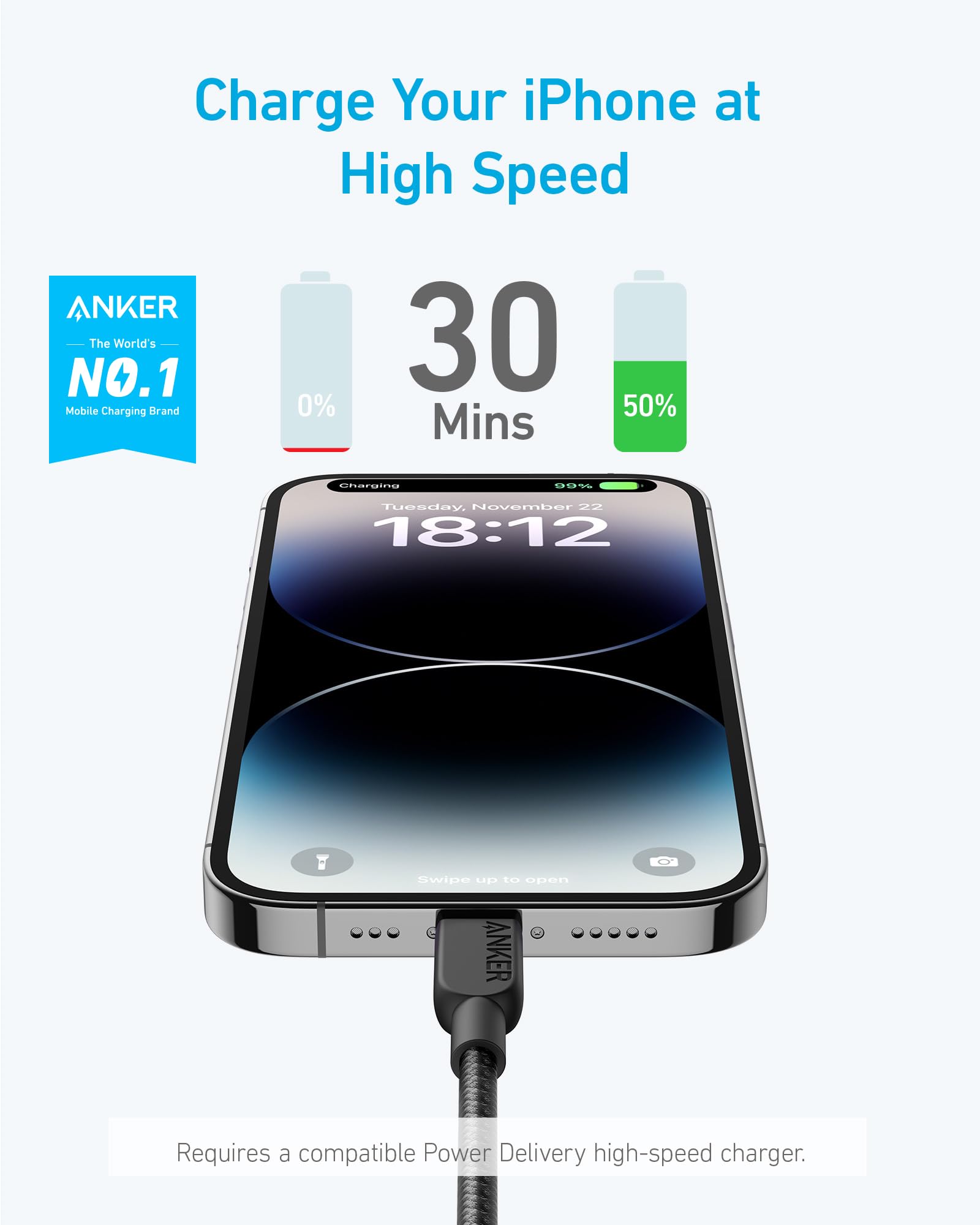 Anker wireless charger with smartphone on a white background