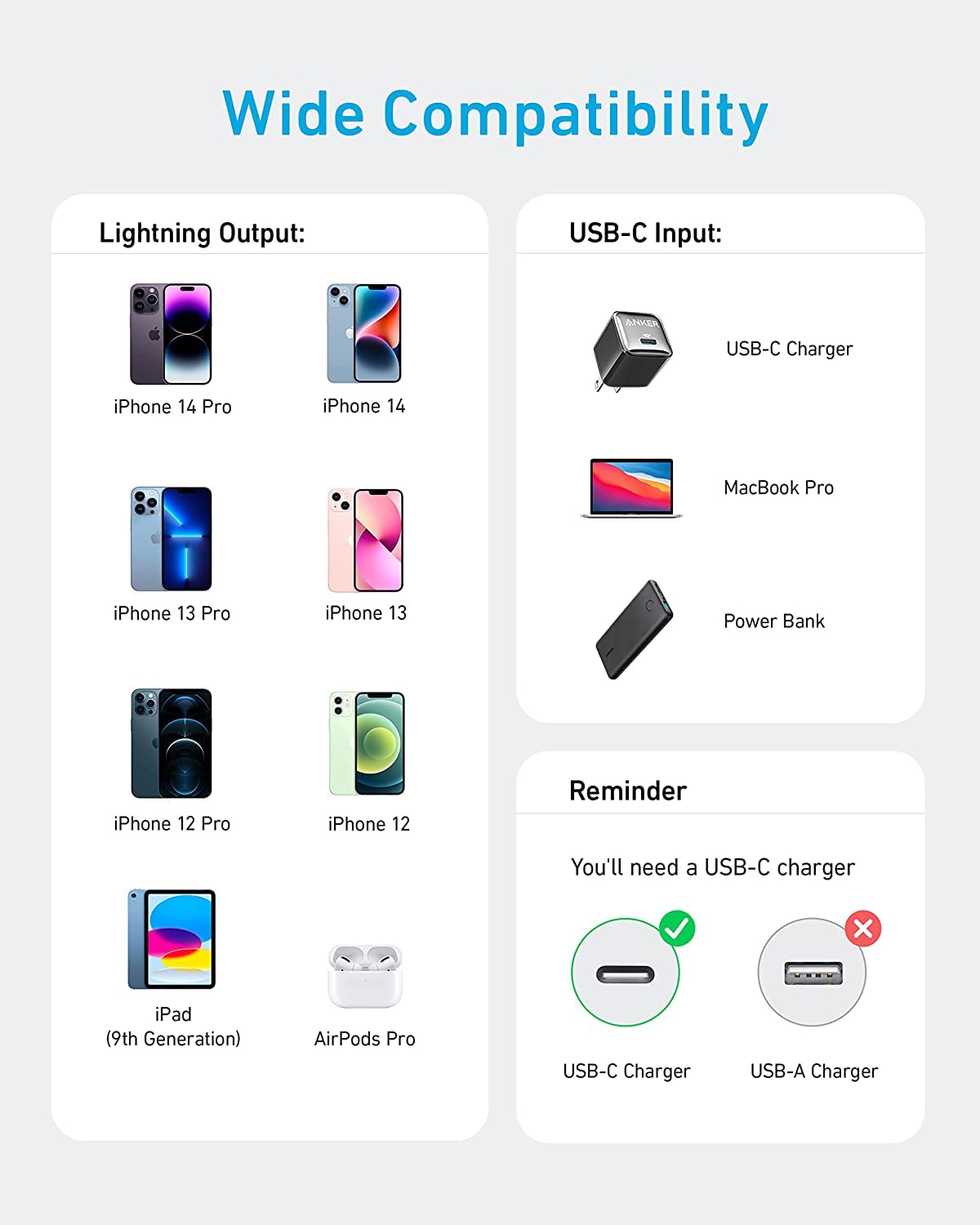 Compatibility chart for devices with Lightning output and USB-C input on a light gray background.