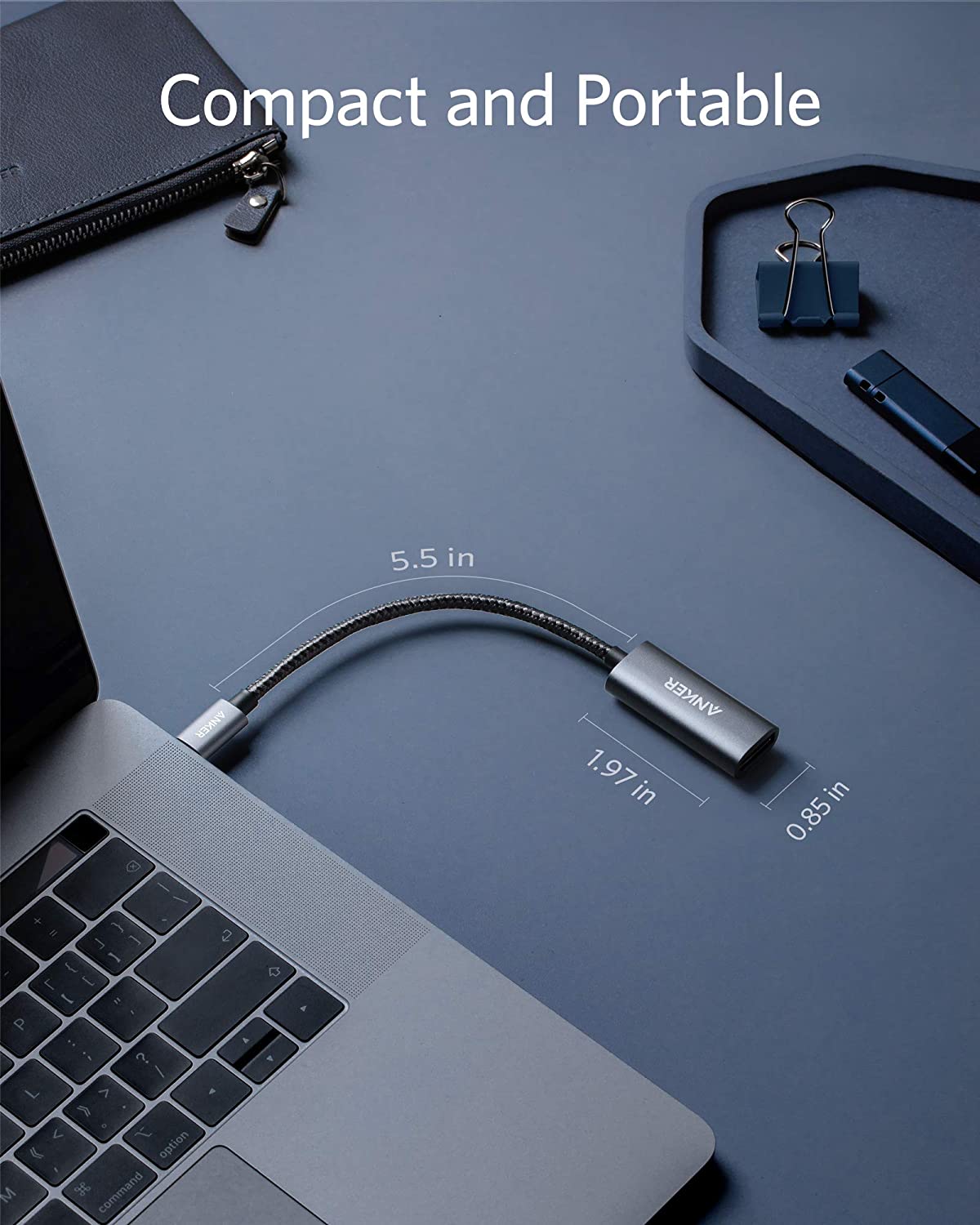 Compact USB extension cable on a laptop with measurements and text 'Compact and Portable' on a blue background.
