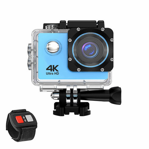 Action camera with 4K Ultra HD label and remote control on a white background