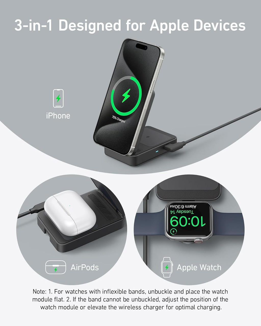 3-in-1 charging stand for Apple devices with smartphone, mouse, and smartwatch on a gray background.