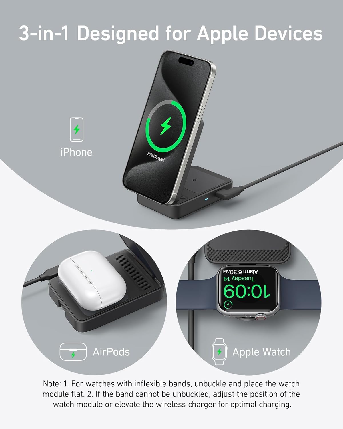 3-in-1 charging stand for Apple devices with smartphone, mouse, and smartwatch on a gray background.