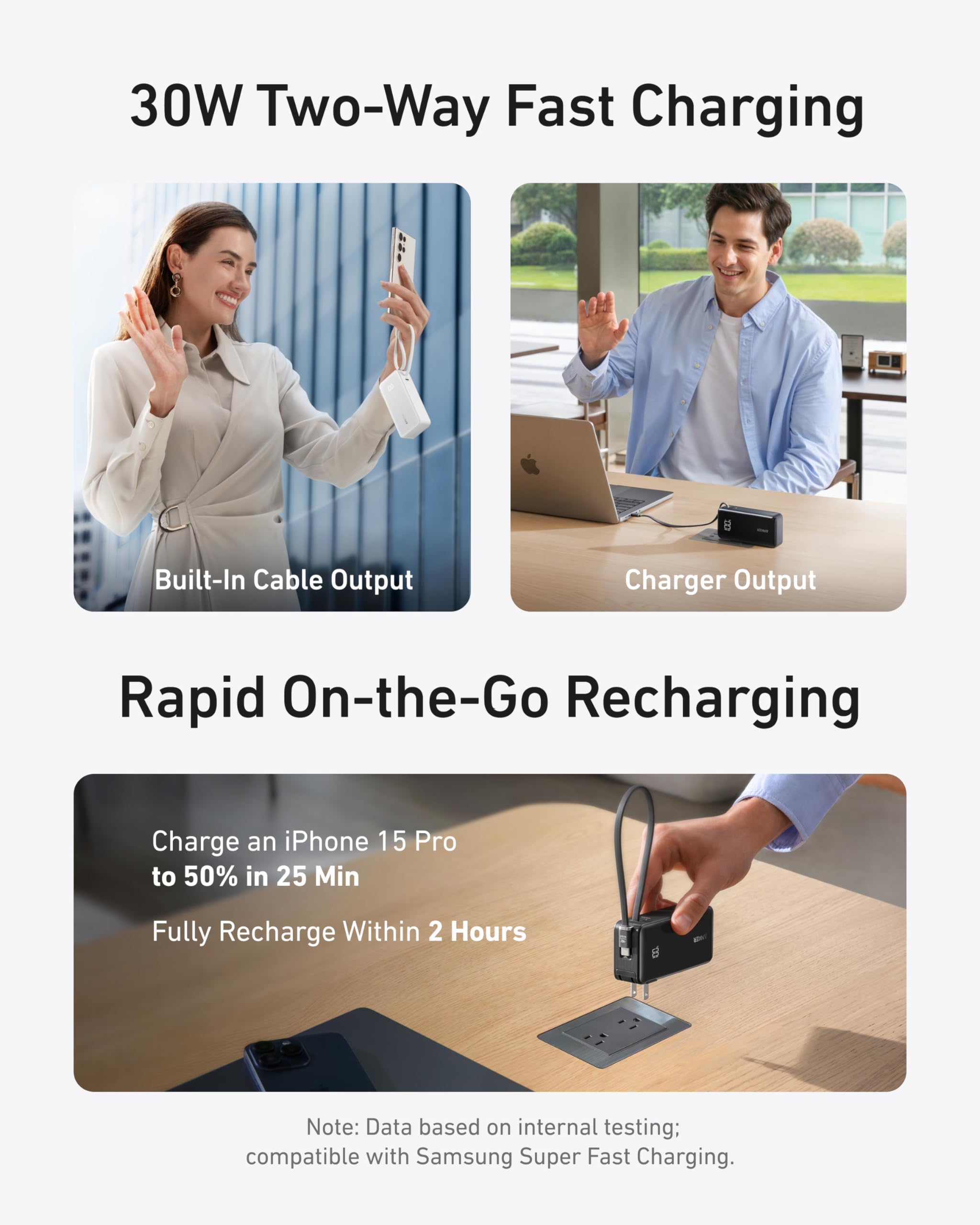 Advertisement for 30W two-way fast charging with text and images of people using the product.