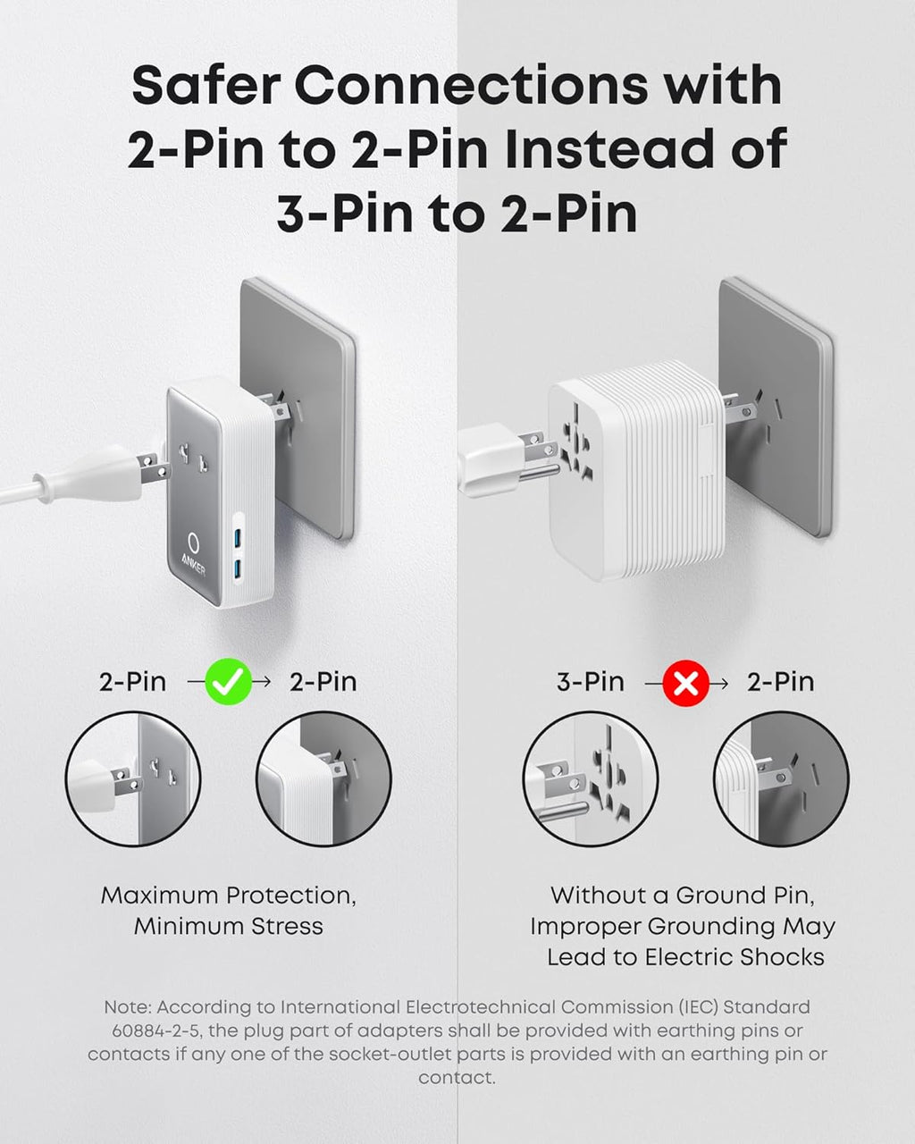 Diagram showing safer electrical connections with 2-pin to 2-pin instead of 3-pin to 2-pin.