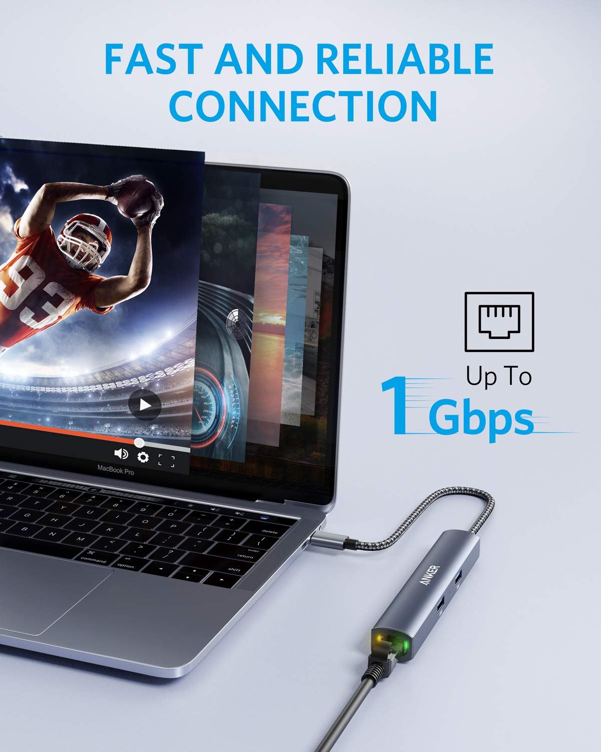Laptop with USB-C adapter connected, displaying 'Fast and Reliable Connection' text and speed indicator.