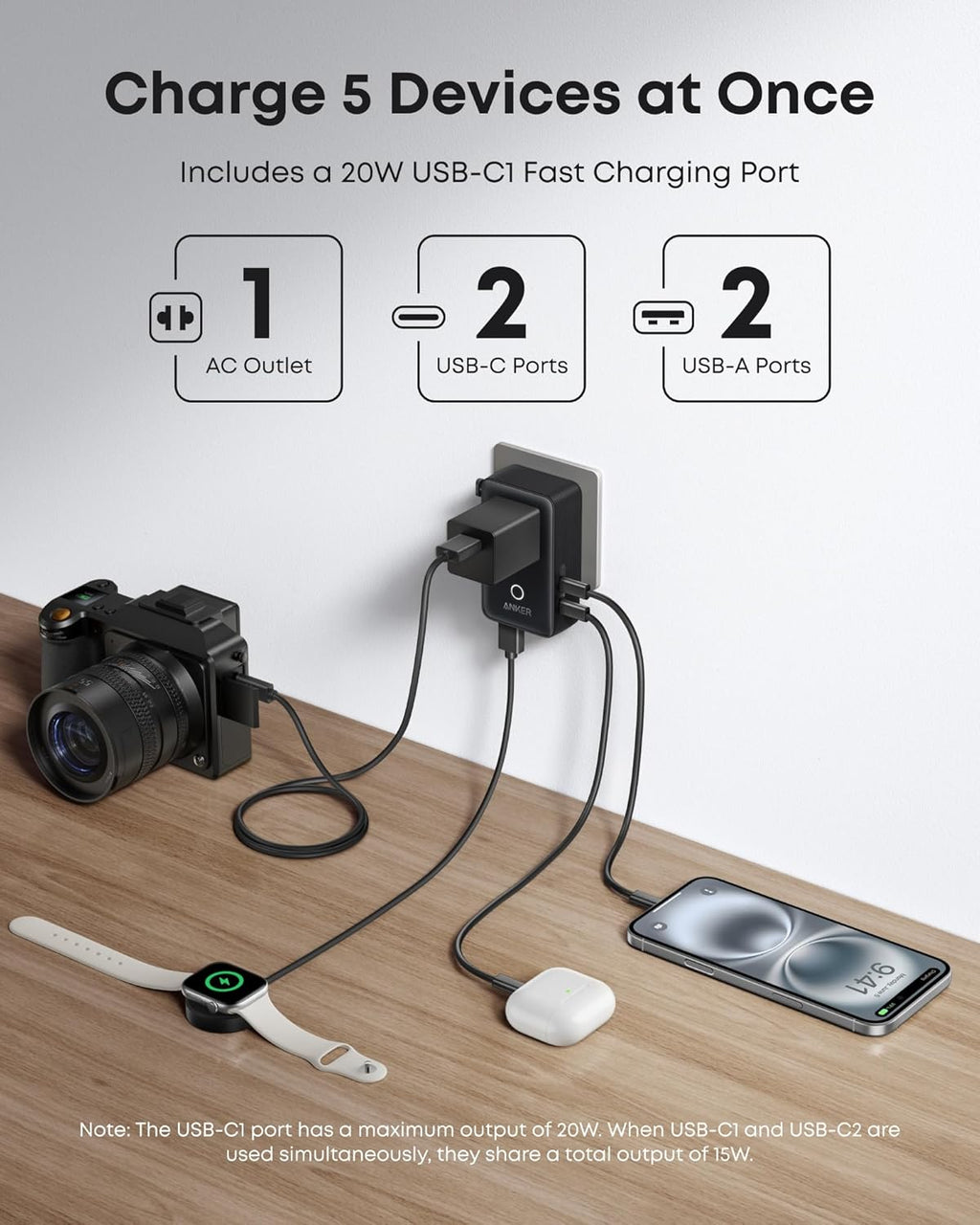 Charging station with AC outlet and USB ports charging a camera, smartwatch, and phone.