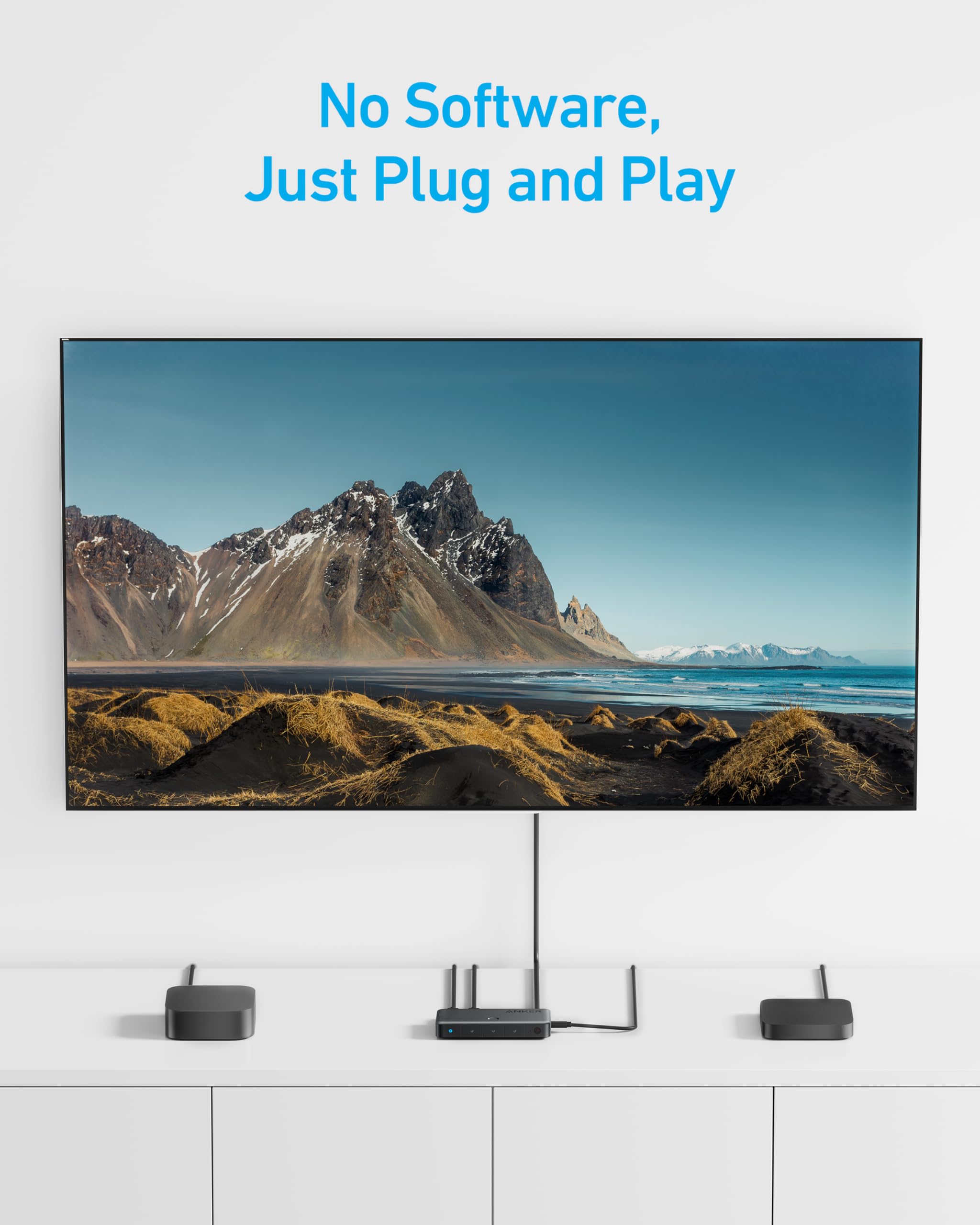 TV displaying a mountain landscape with text 'No Software, Just Plug and Play' above it.