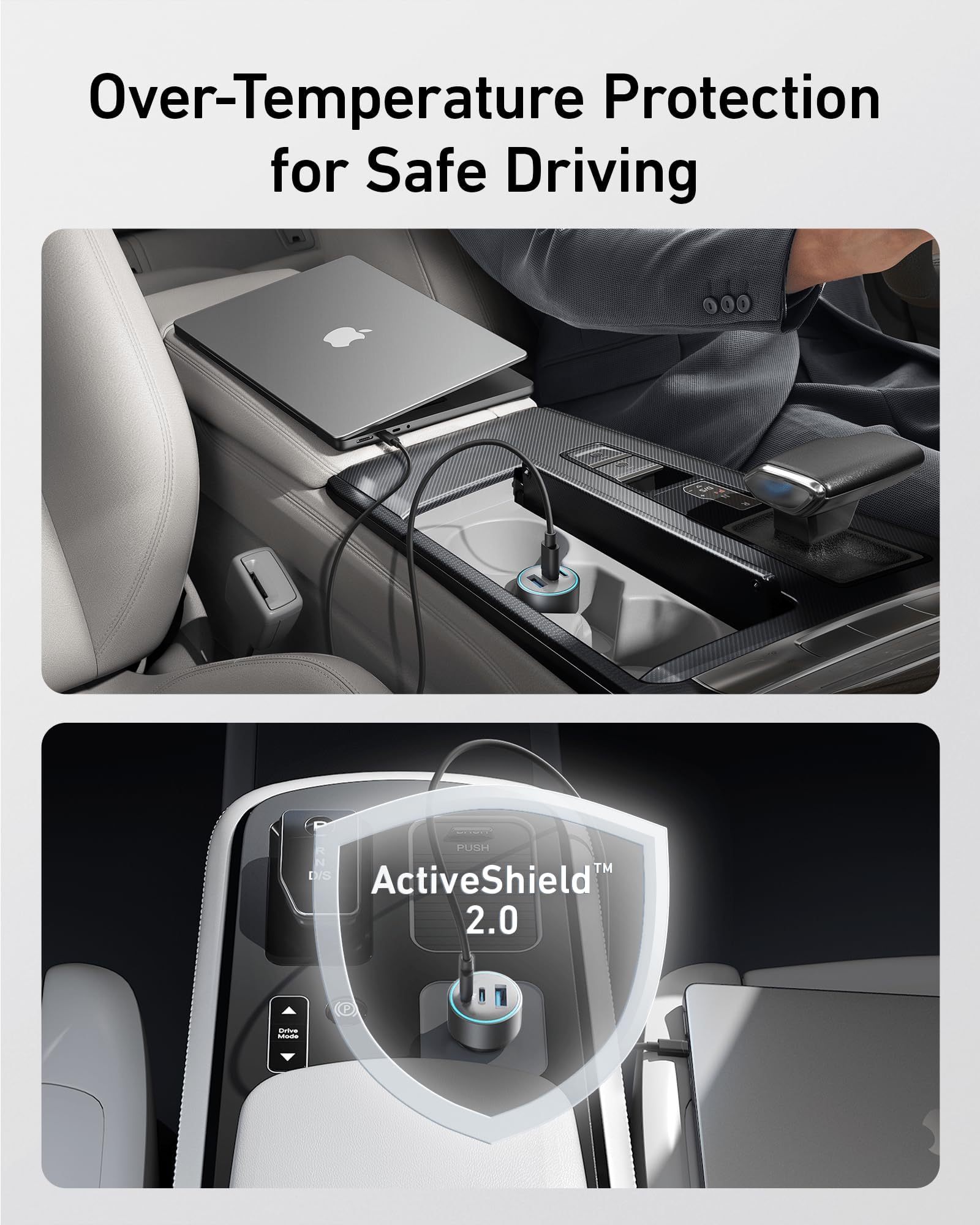 Car interior with laptop and phone, featuring over-temperature protection for safe driving.