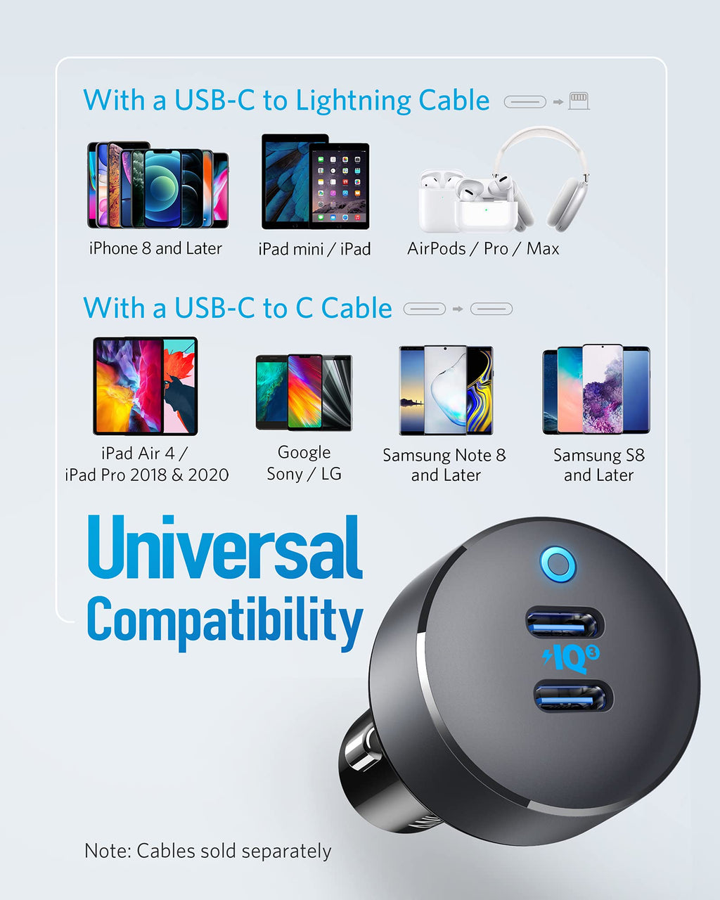Universal compatibility device with USB-C ports and compatibility chart on a light gray background