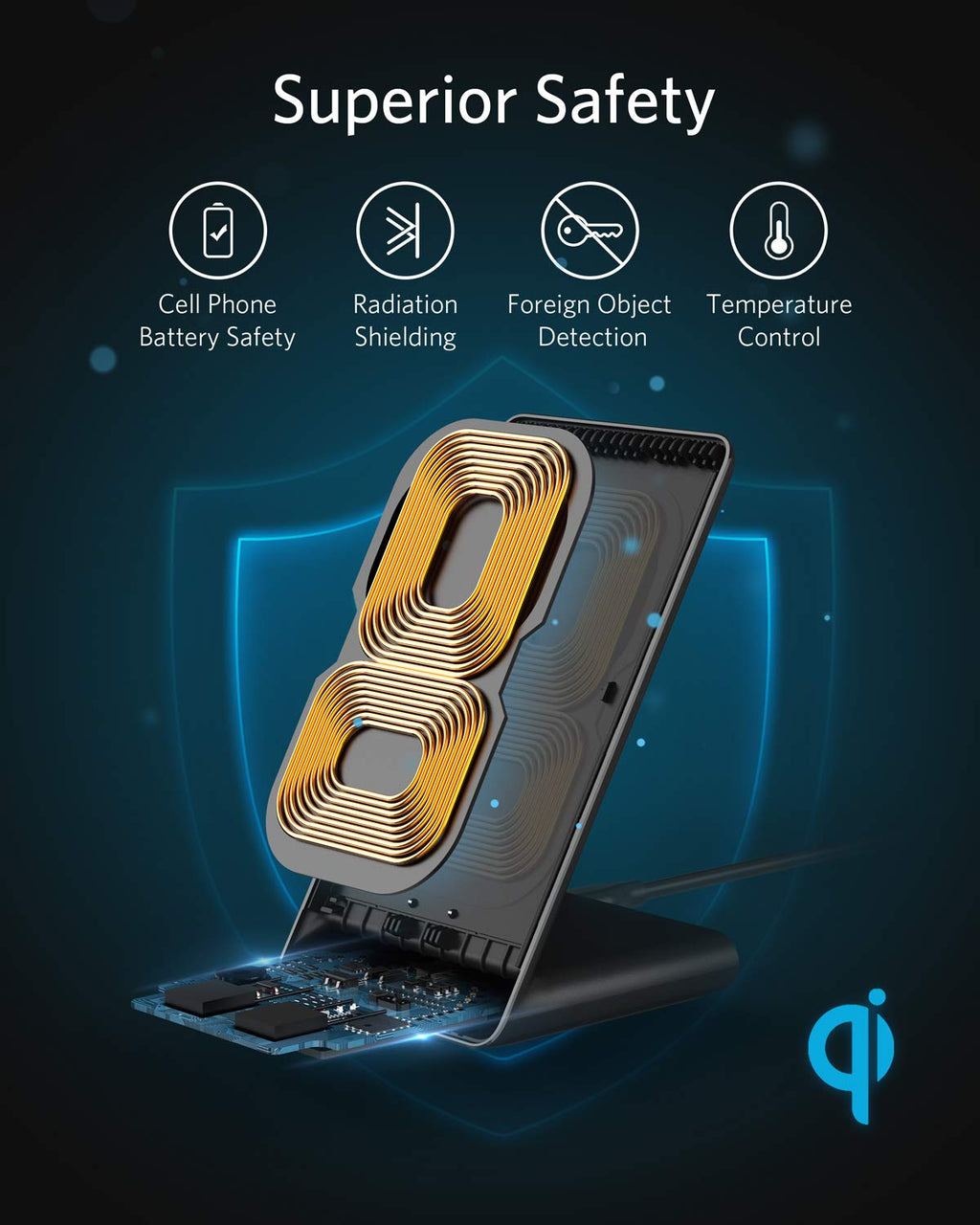 Wired charging stand with safety features on a dark background