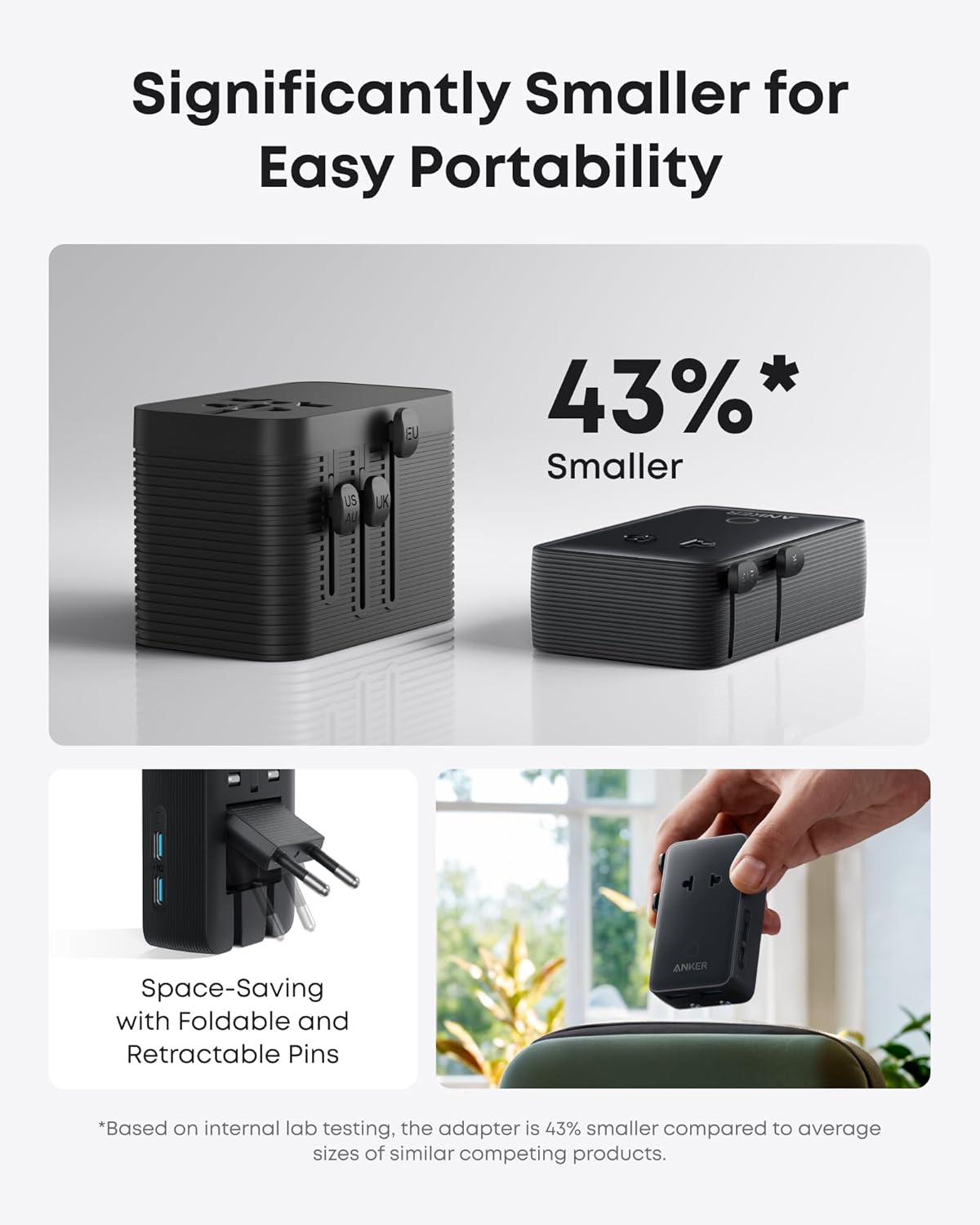 Two travel adapters with text highlighting their size reduction and portability features.