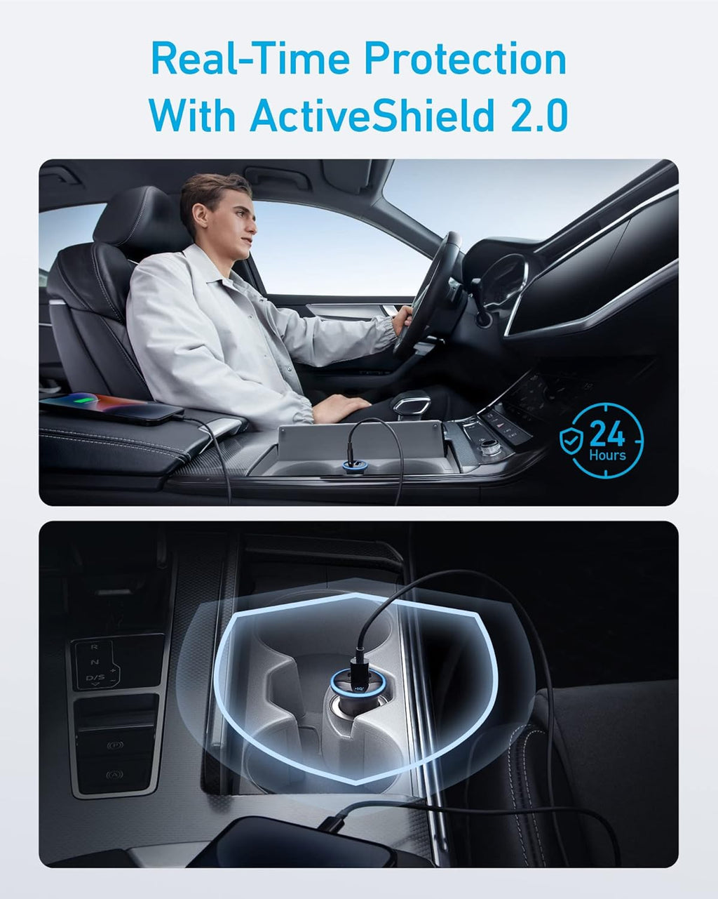 Person driving a car with ActiveShield 2.0 protection system displayed.