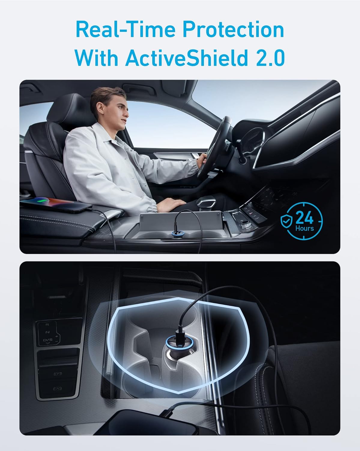 Person driving a car with ActiveShield 2.0 protection system displayed.