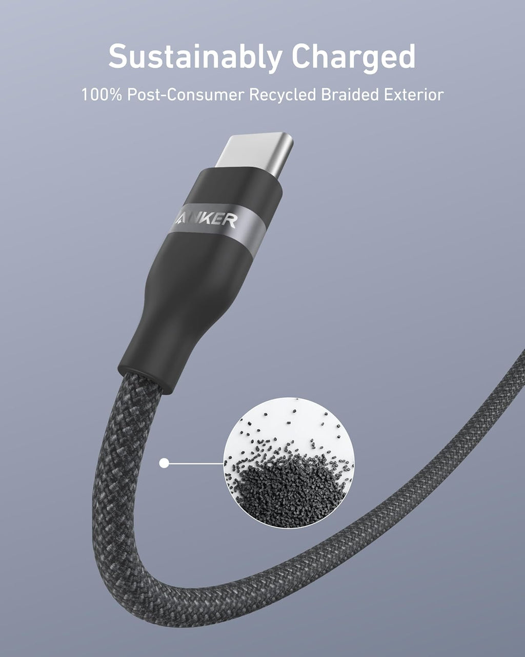 Black charging cable with braided exterior on a gray background, featuring the brand 'Anker'.