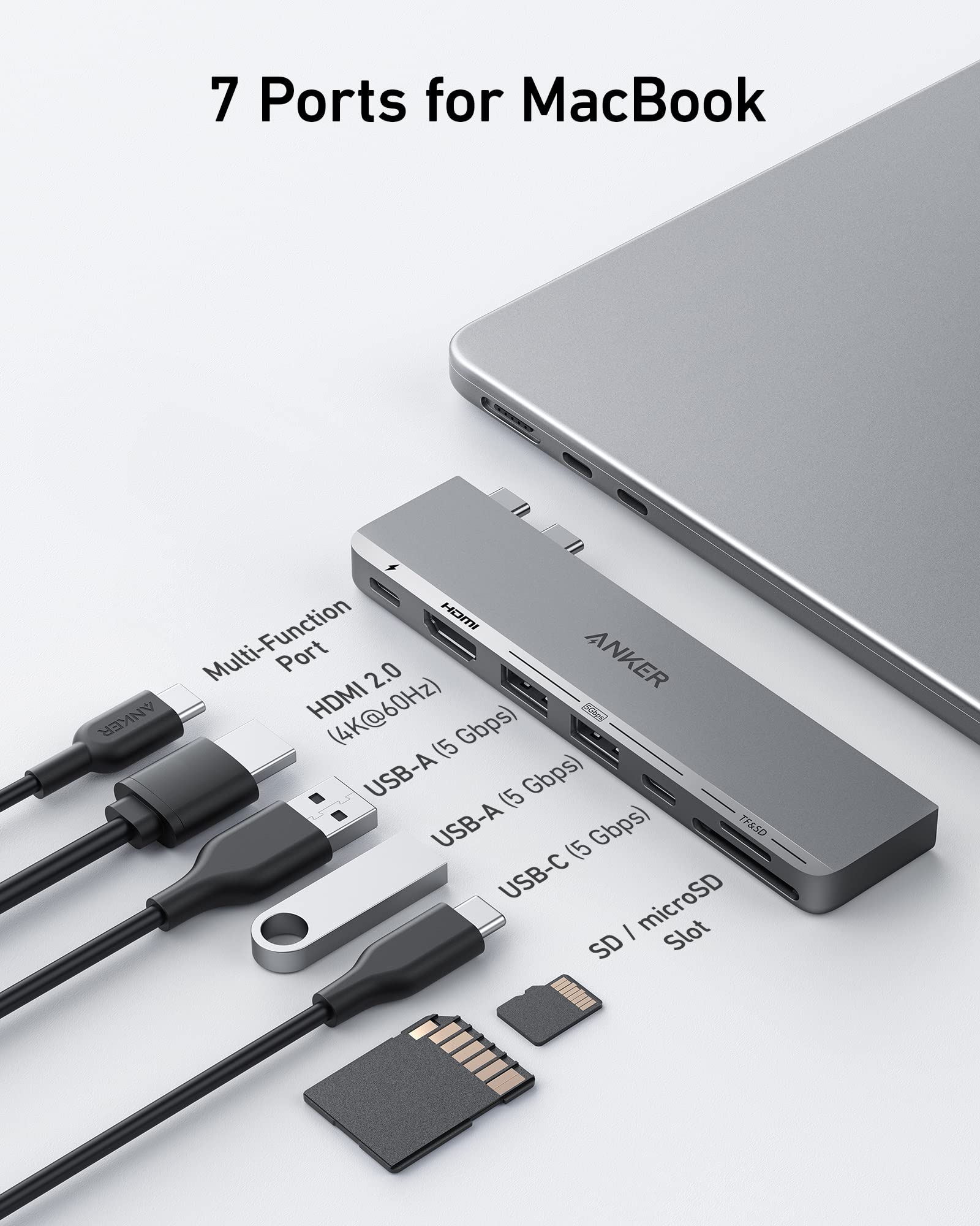 Anker multi-function adapter with 7 ports for MacBook on a white background