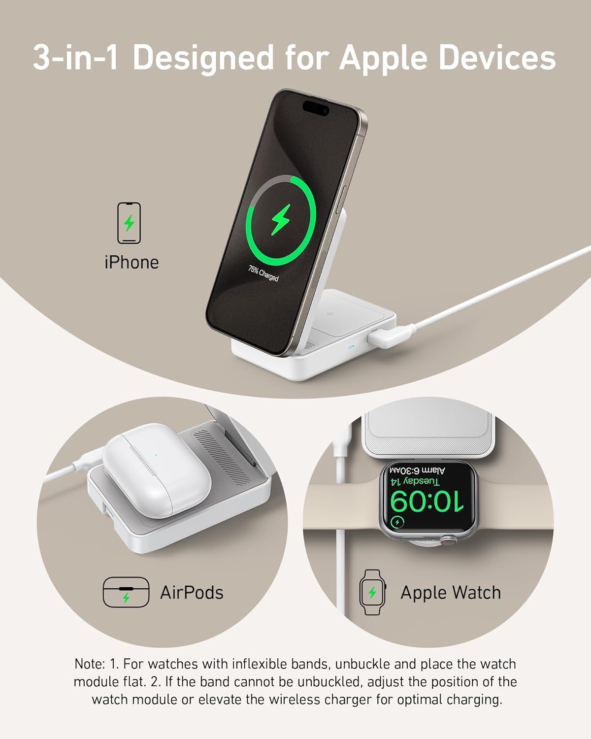 3-in-1 charging stand for Apple devices with smartphone, AirPods, and Apple Watch on a beige background.