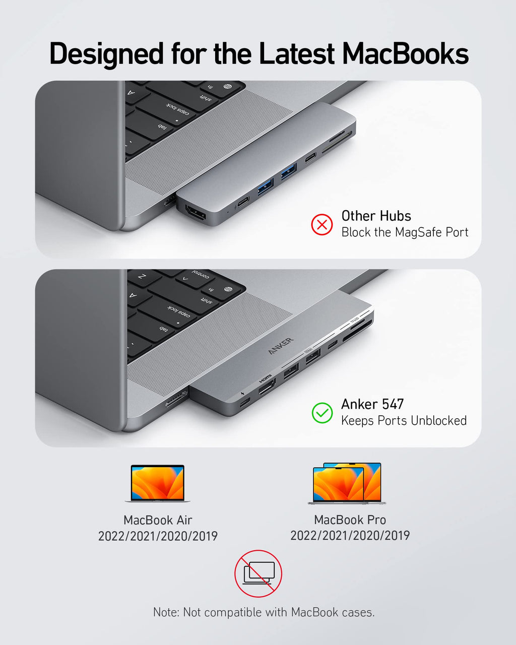 Anker 547 hub for MacBook compatibility with text and icons on a light gray background