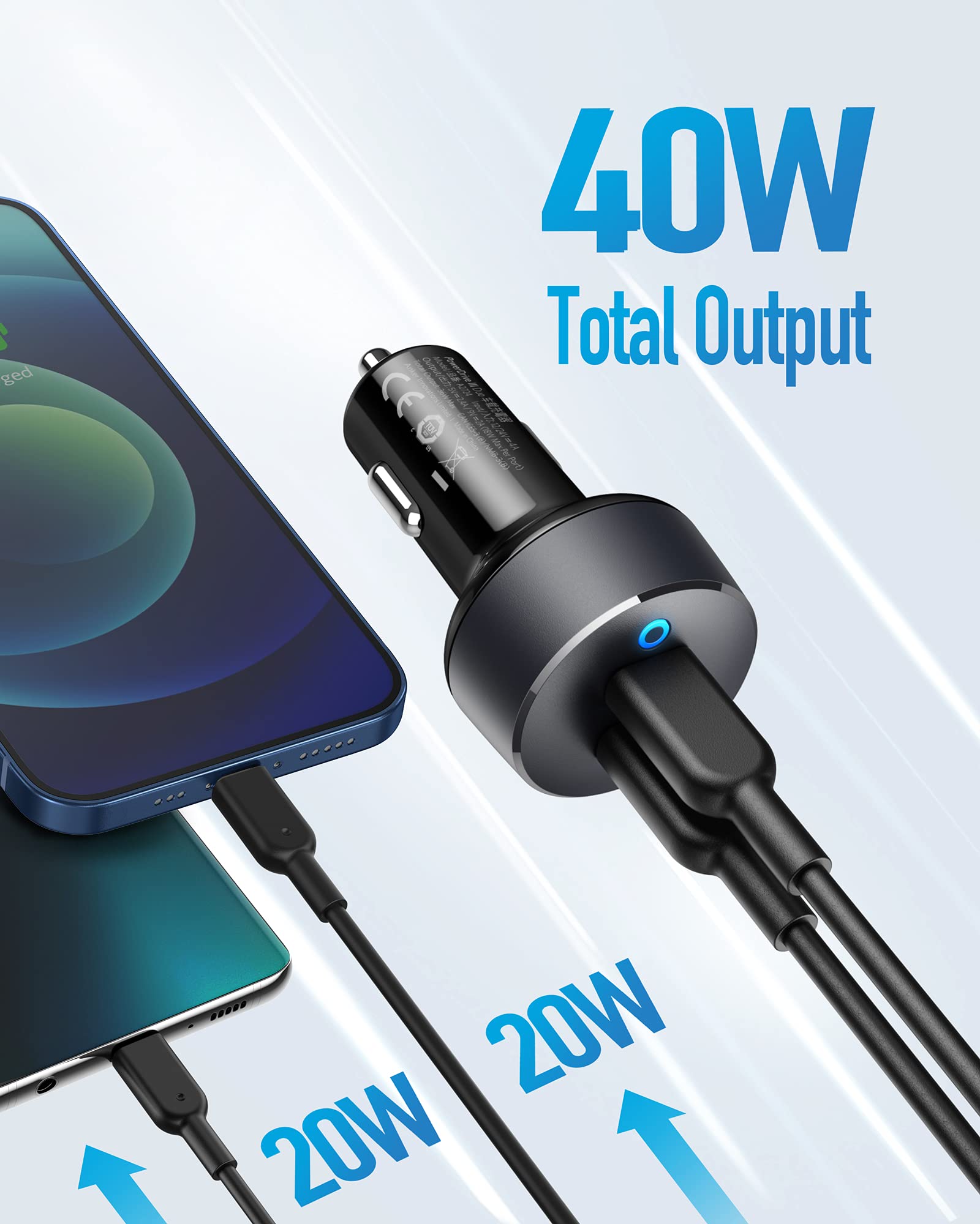 Car charger with smartphone showing 40W total output on a white background