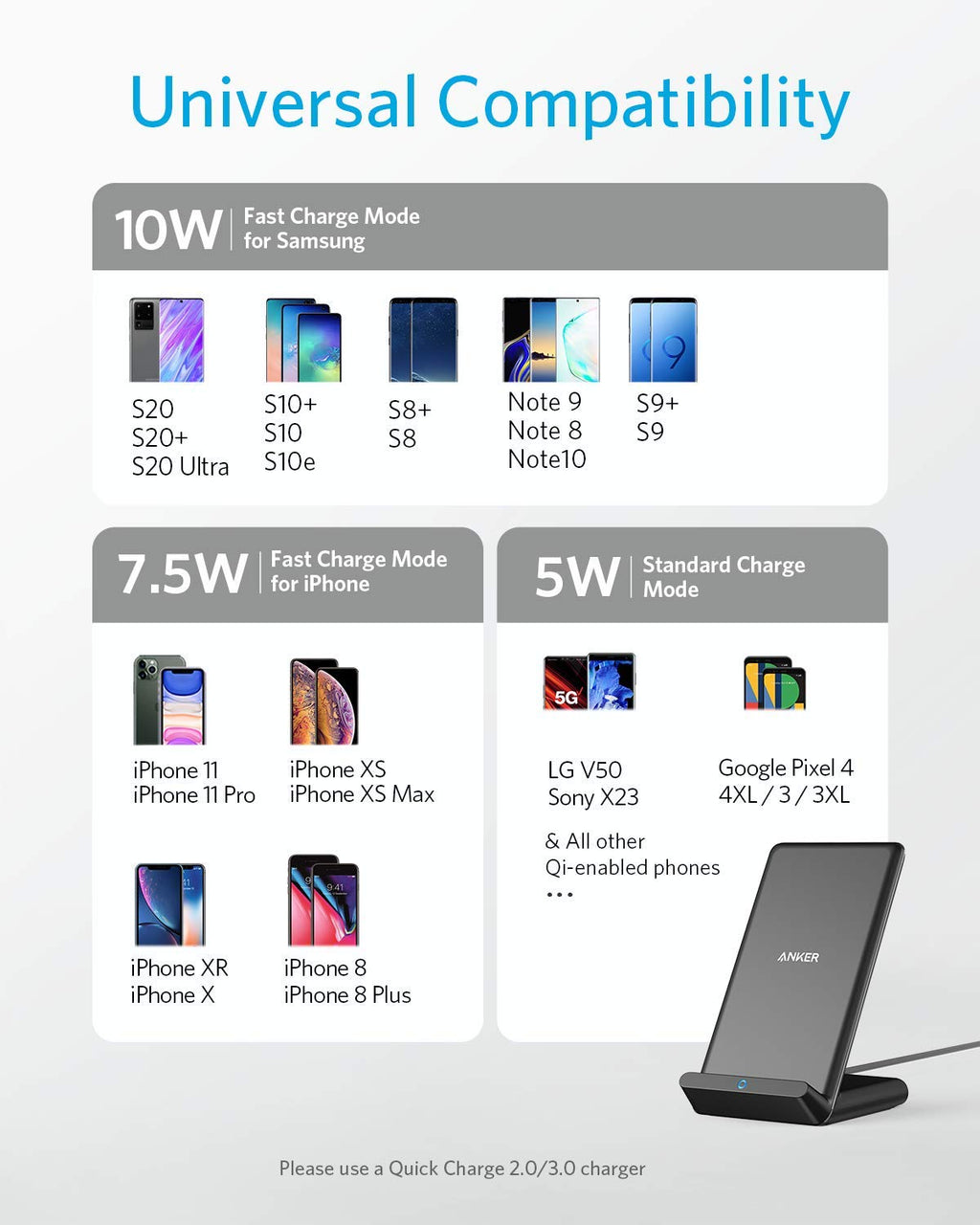 Diagram showing compatibility of a wireless charging stand with various smartphone models.