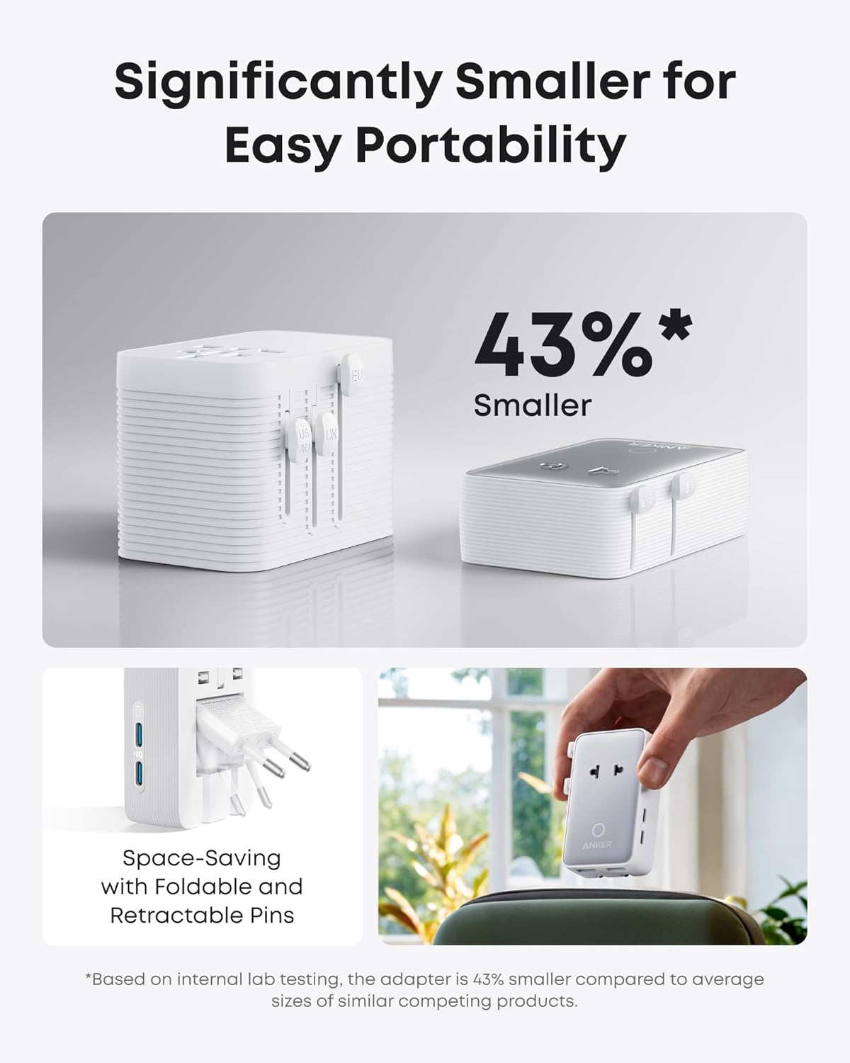 White adapter with text indicating size comparison and features on a light gray background