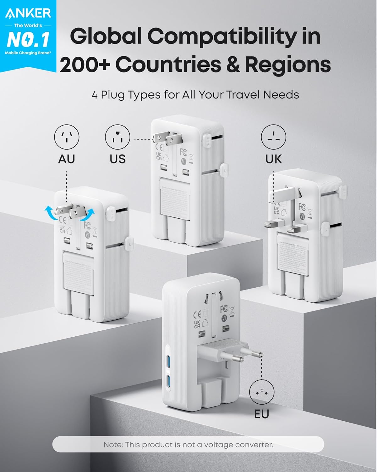 Anker travel adapter with plug types for global compatibility on a gray background