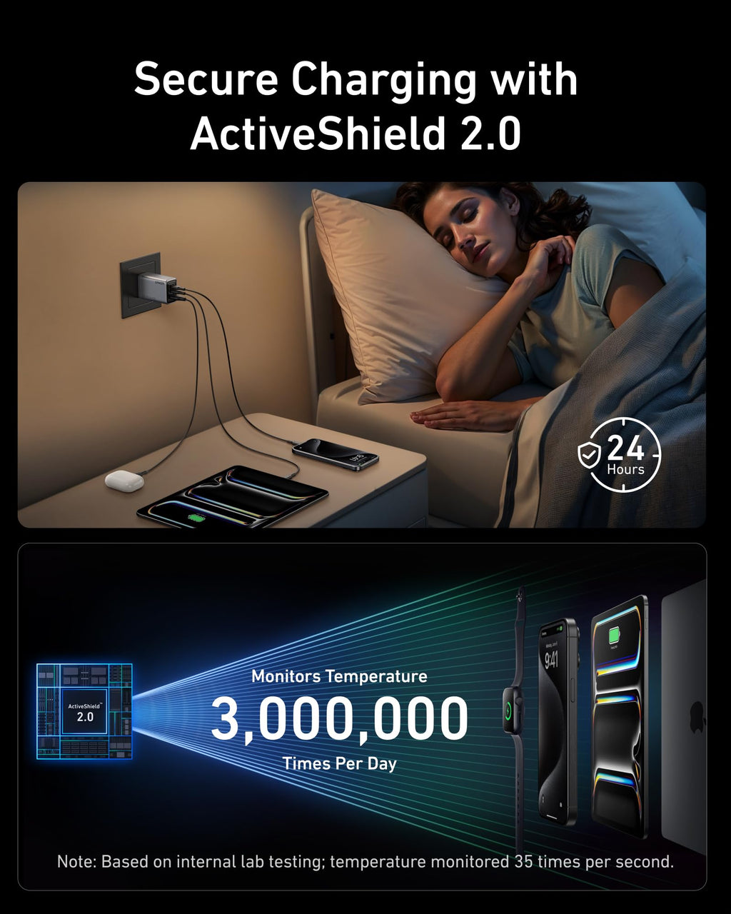 Woman sleeping with a smartphone on a nightstand, connected to a power source with text about ActiveShield 2.0 security.