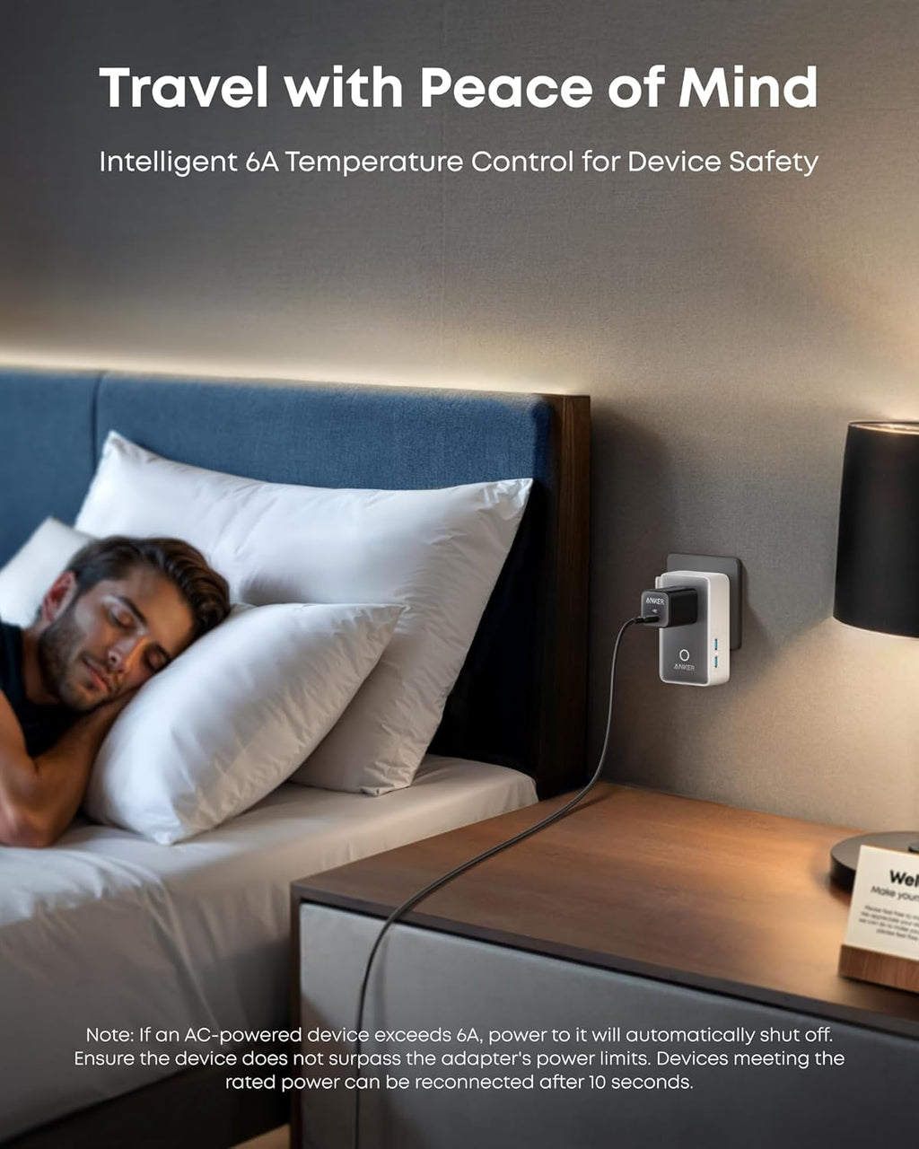 Person lying in bed with a nightstand featuring a power adapter and lamp, emphasizing safety and comfort.