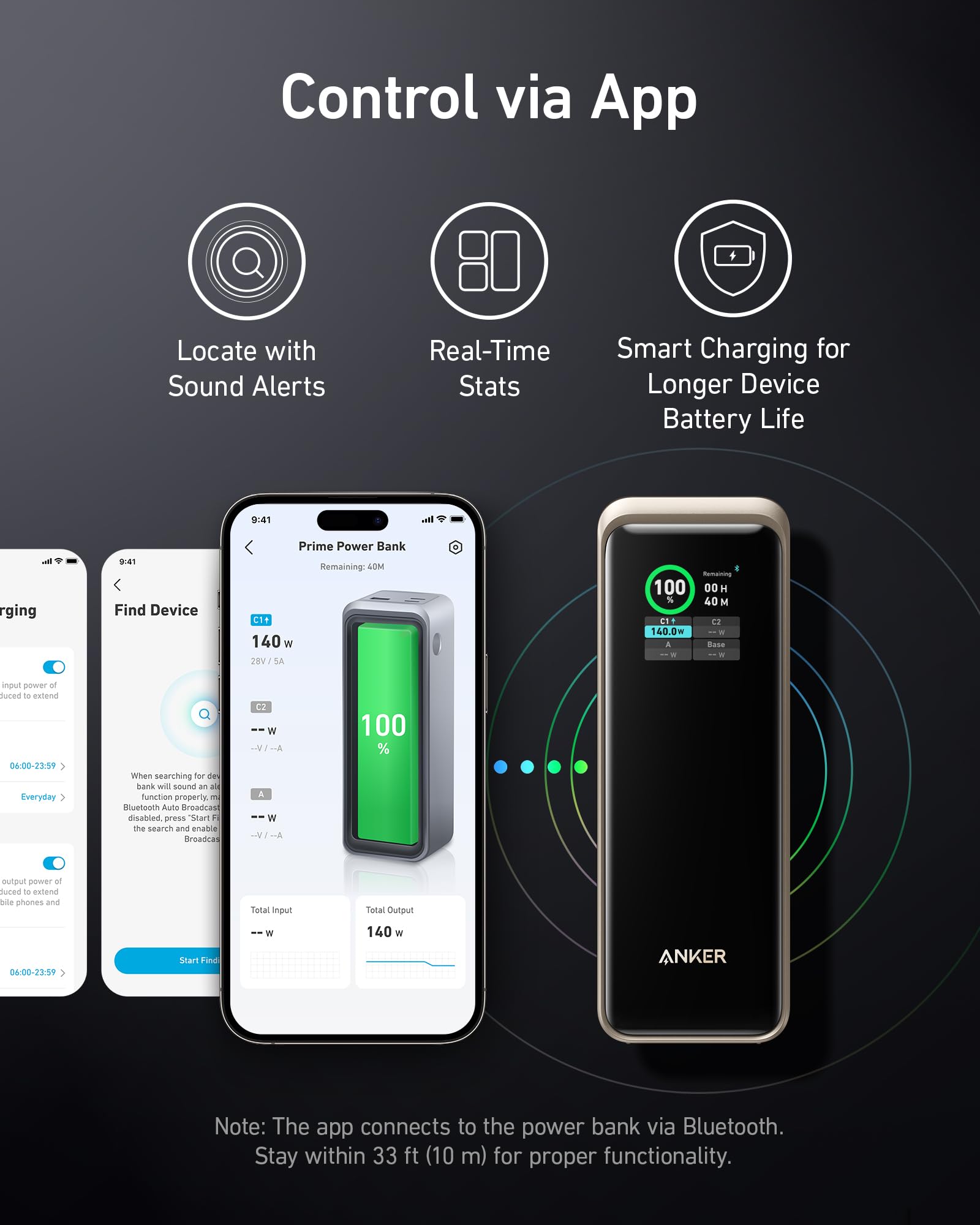 Anker power bank with smartphone app interface on a dark background