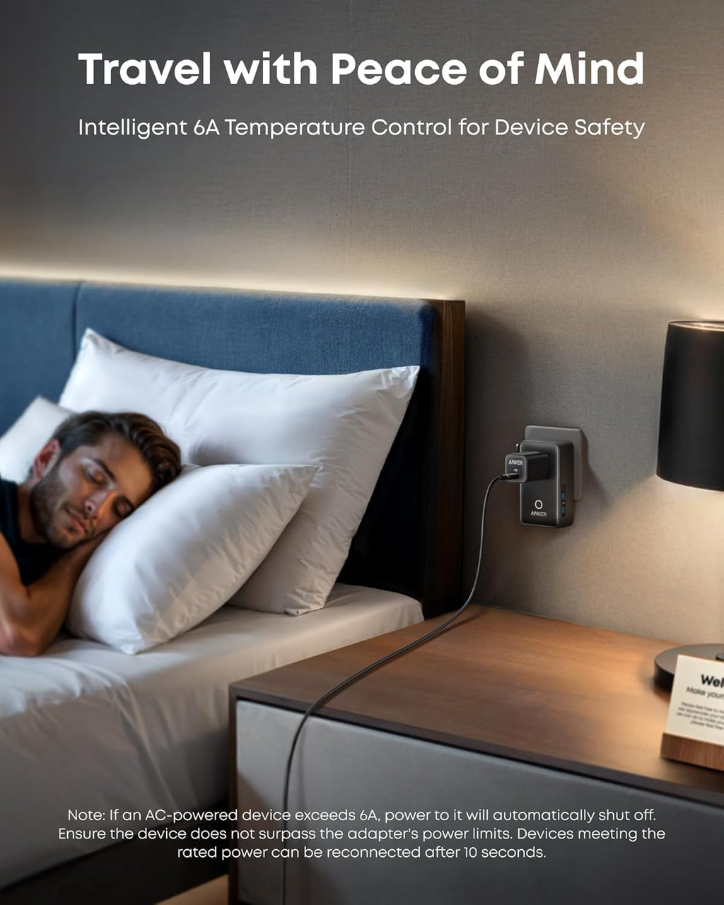 Man sleeping in bed with a nightstand featuring a smart plug and lamp.