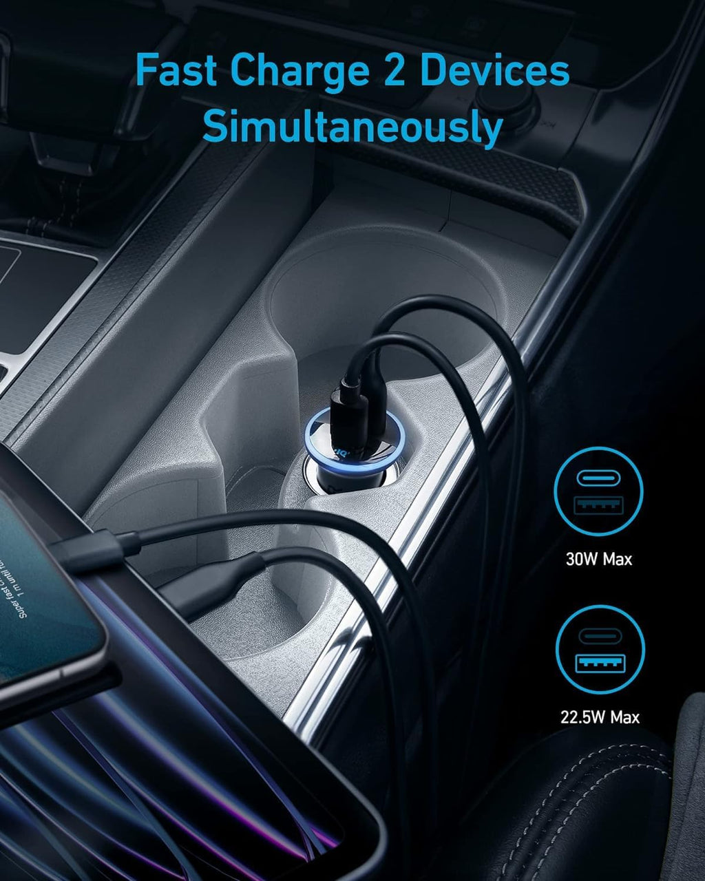Car cup holder with two devices being charged simultaneously, highlighting fast charging capabilities.