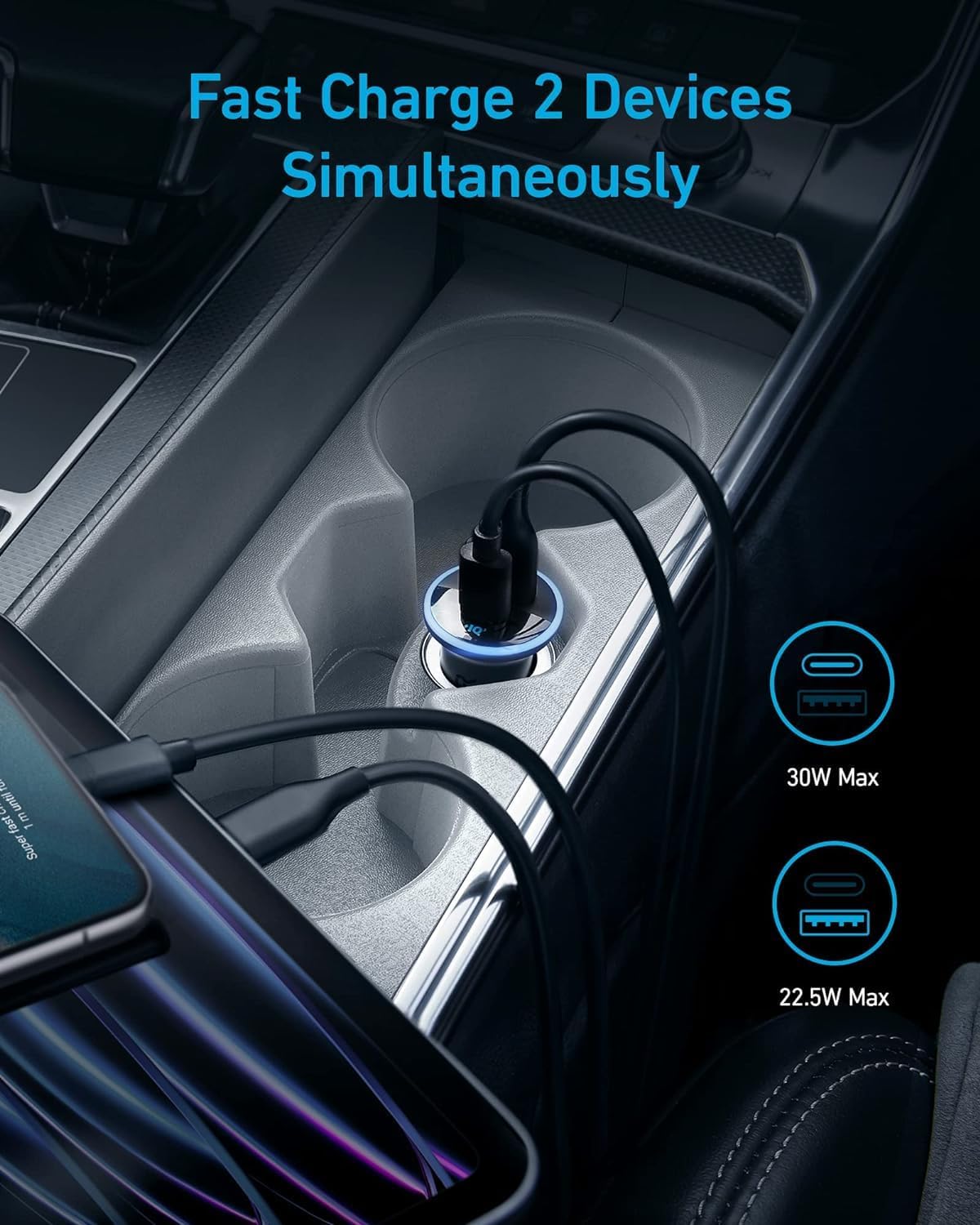 Car cup holder with two devices being charged simultaneously, highlighting fast charging capabilities.