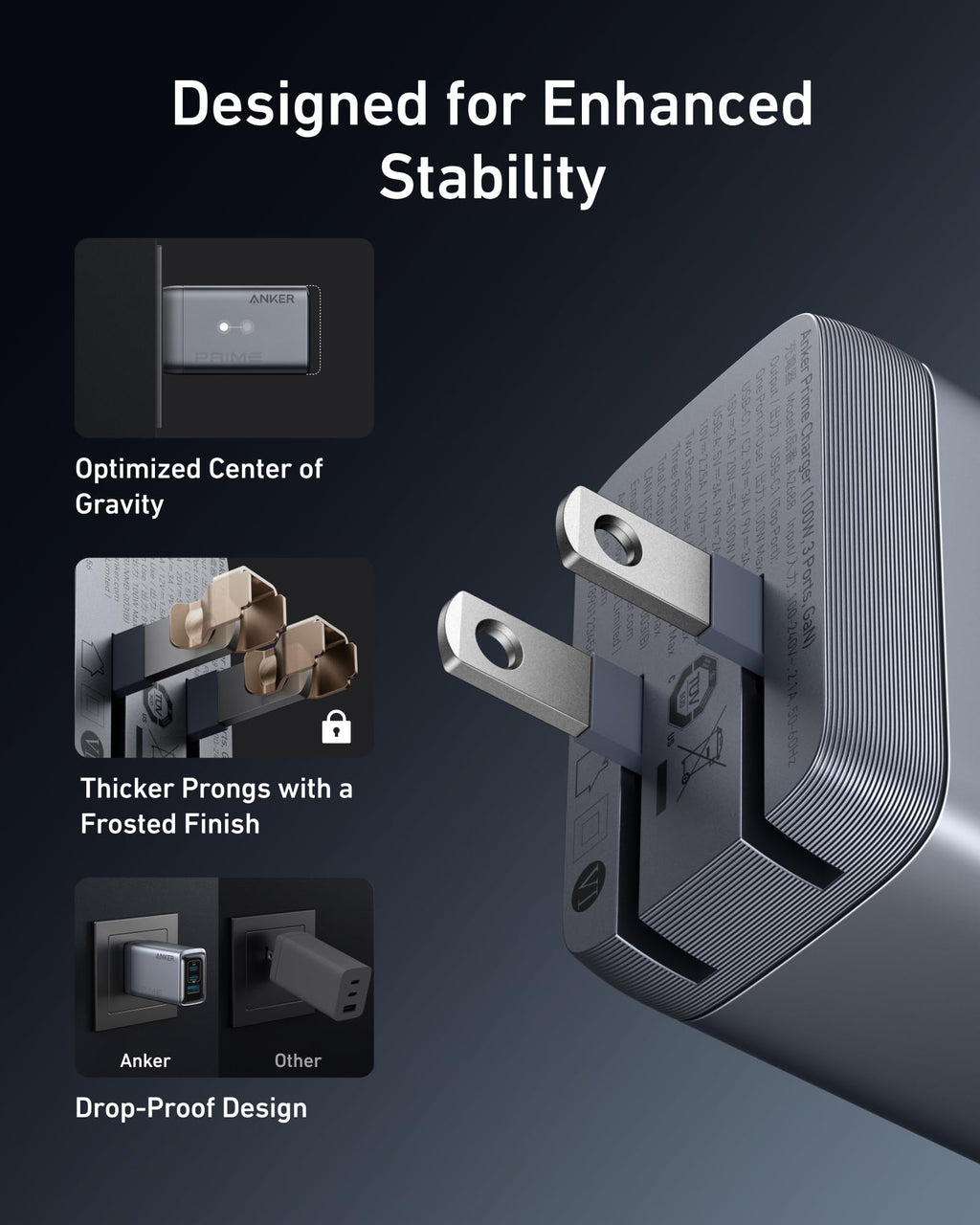 Anker power adapter with features highlighted on a dark background