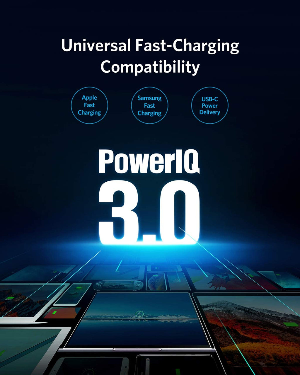 Advertisement for PowerIQ 3.0 with compatibility logos on a dark background