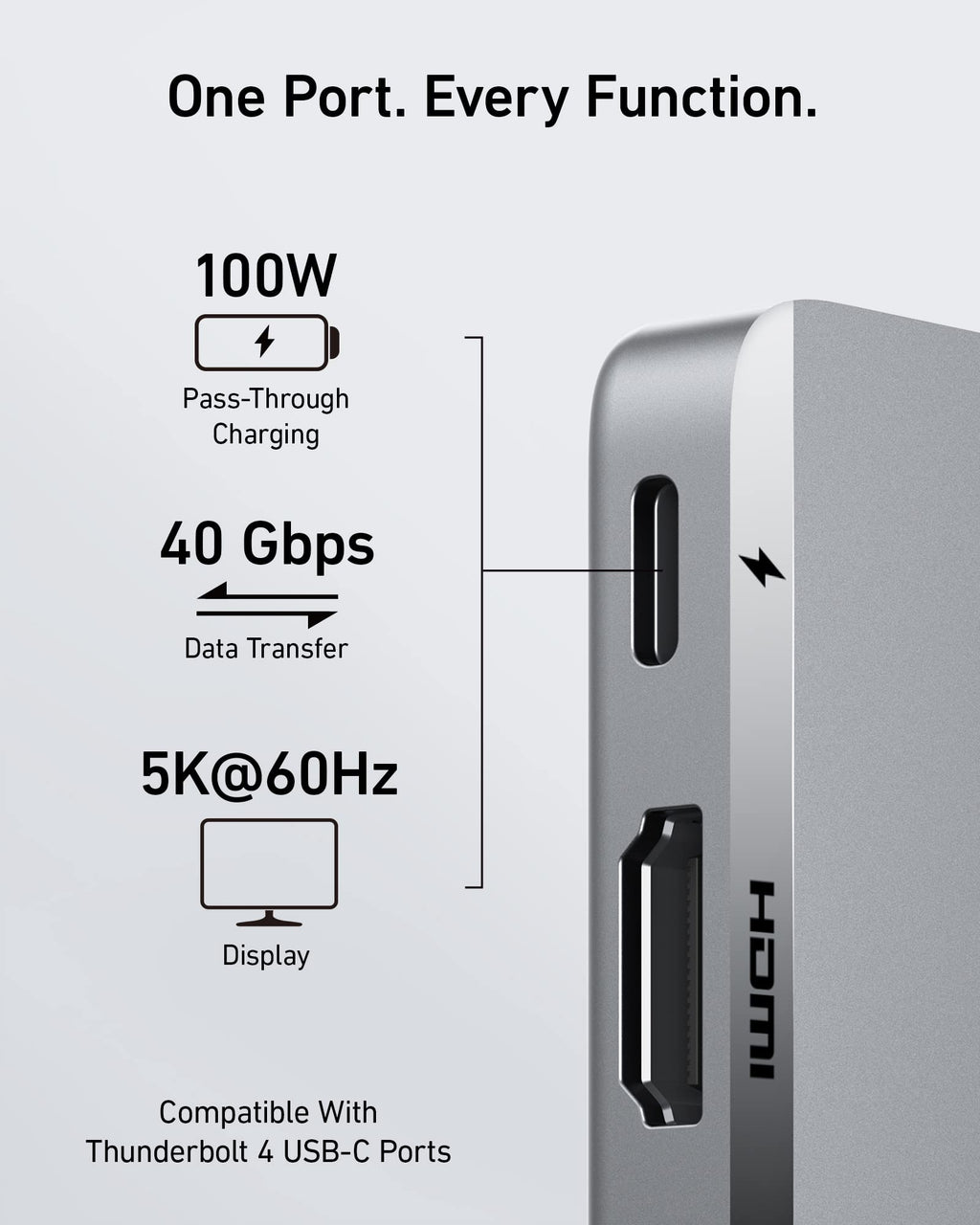 Portable device with USB-C port and specifications on a gray background