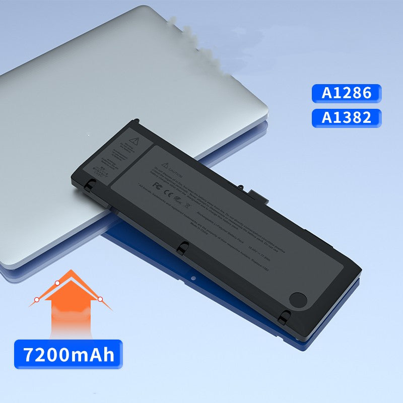 Laptop battery with model numbers A1286 and A1382 on a light blue background