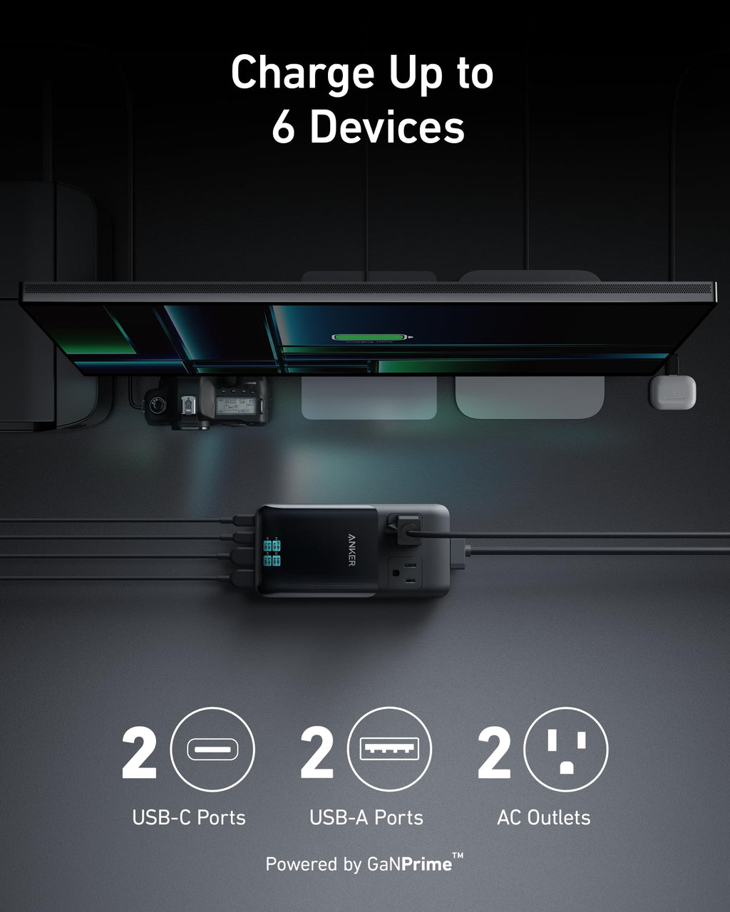 GaNPrime power station with multiple charging ports on a dark background