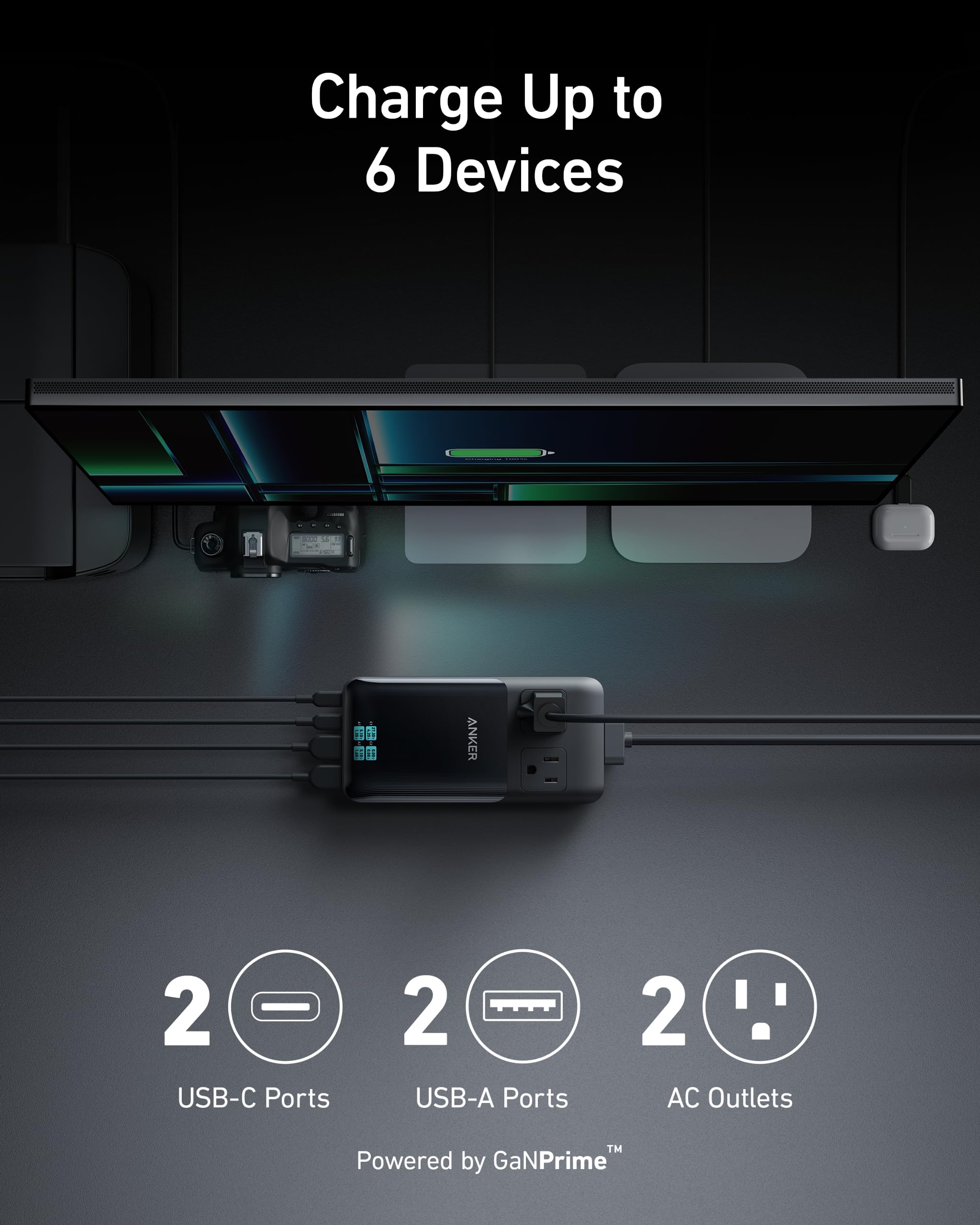 GaNPrime power station with multiple charging ports on a dark background