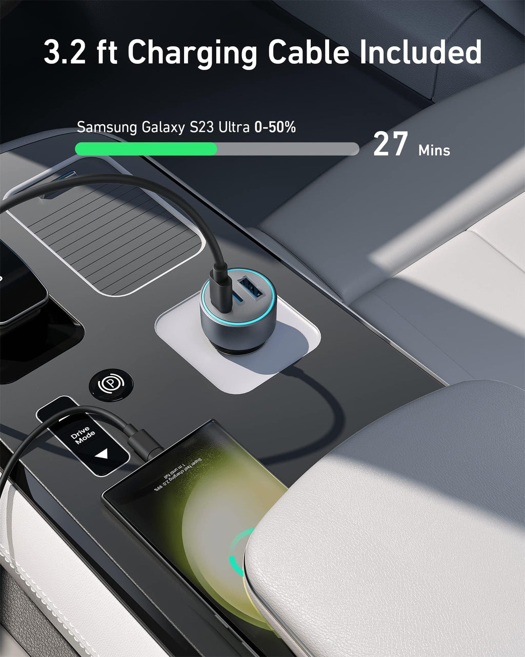 Car dashboard with charging cable and phone, showing charging progress on screen.