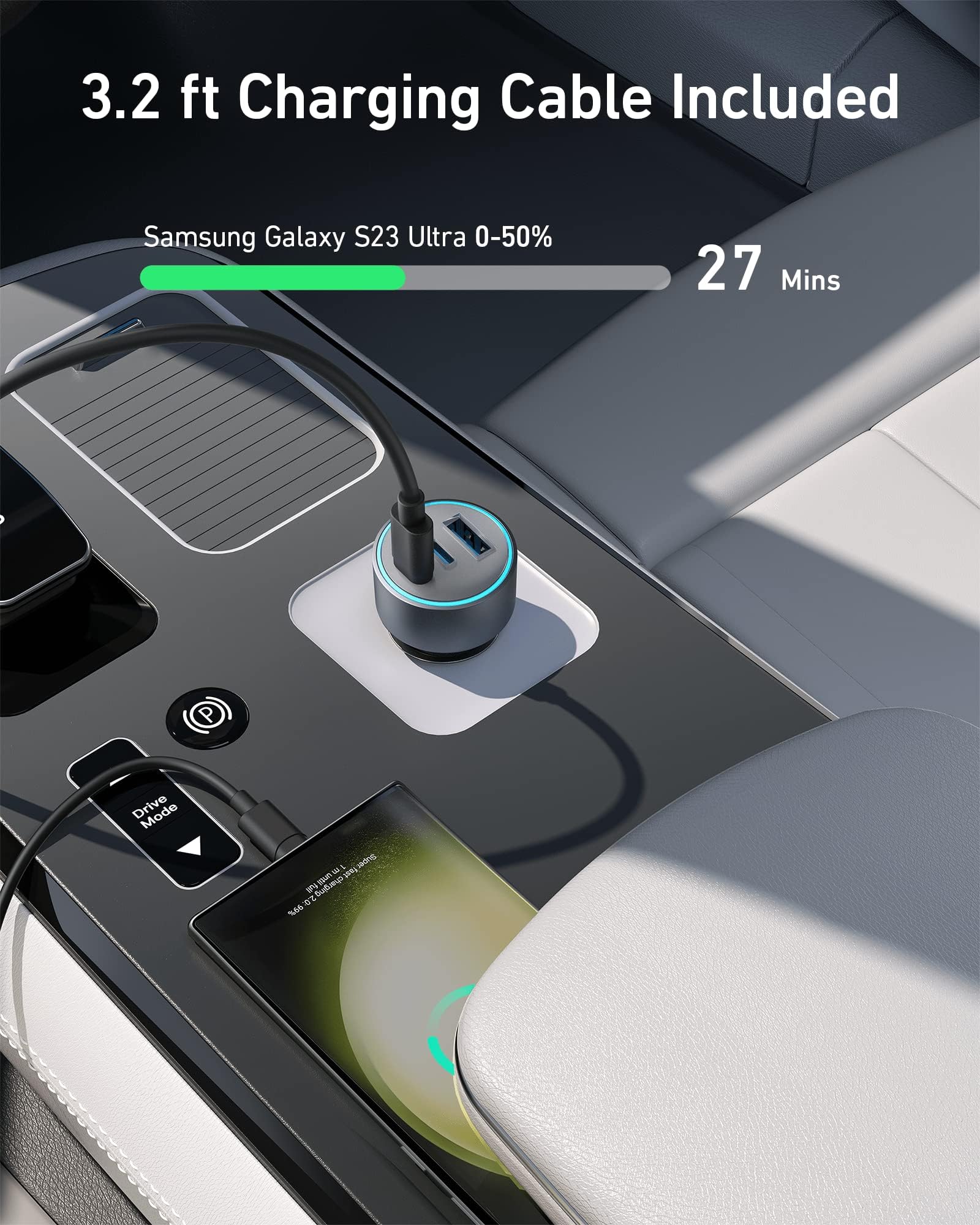 Car dashboard with charging cable and phone, showing charging progress on screen.