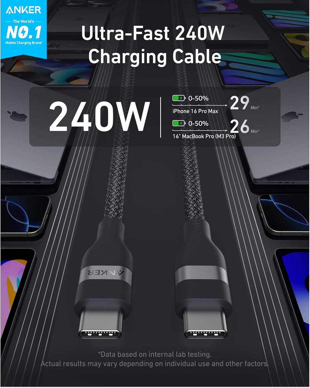 Anker ultra-fast 240W charging cable with smartphone screens in the background
