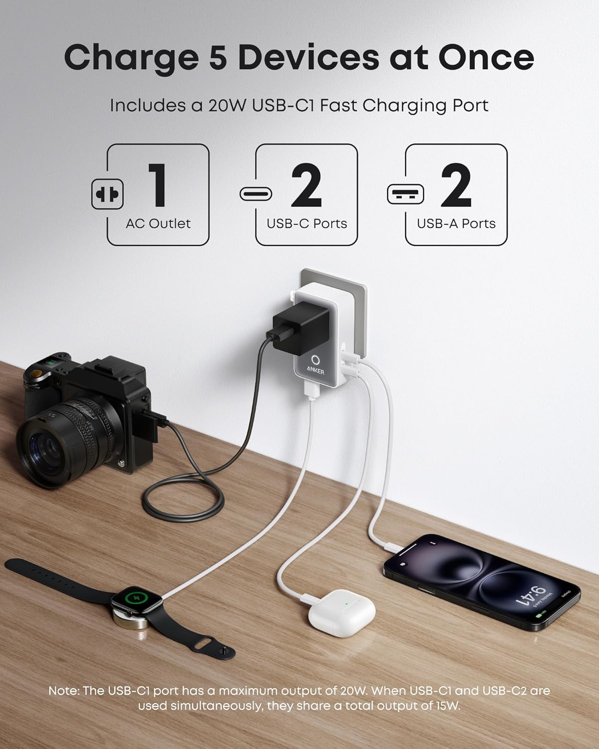 Power adapter with multiple ports charging a camera, phone, and smartwatch on a wooden surface.