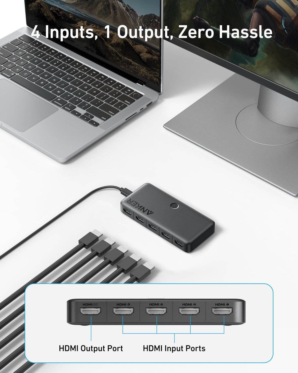 HUB with HDMI inputs and outputs on a white background