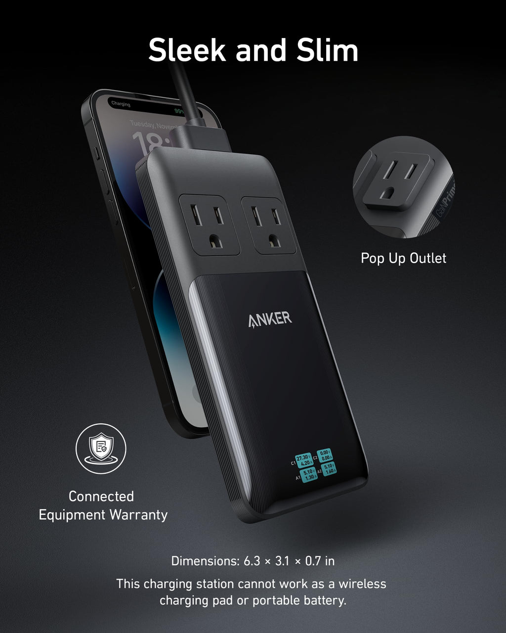 Anker charging station with pop-up outlet on a dark background
