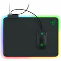Razer gaming mouse and mouse pad with RGB lighting on a white background