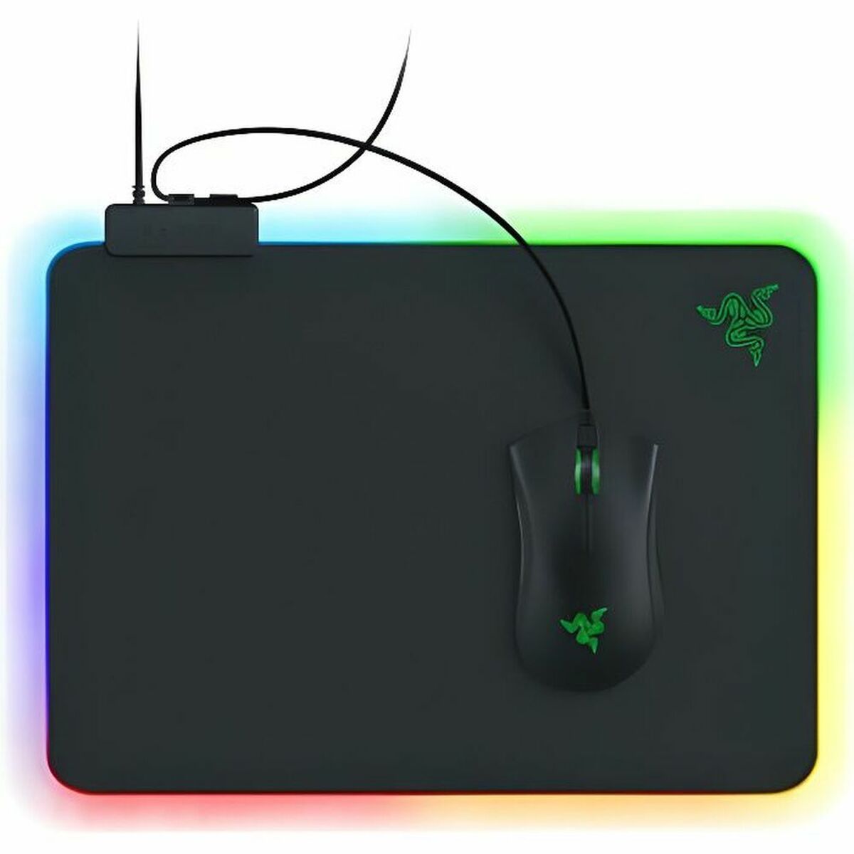 Razer gaming mouse and mouse pad with RGB lighting on a white background