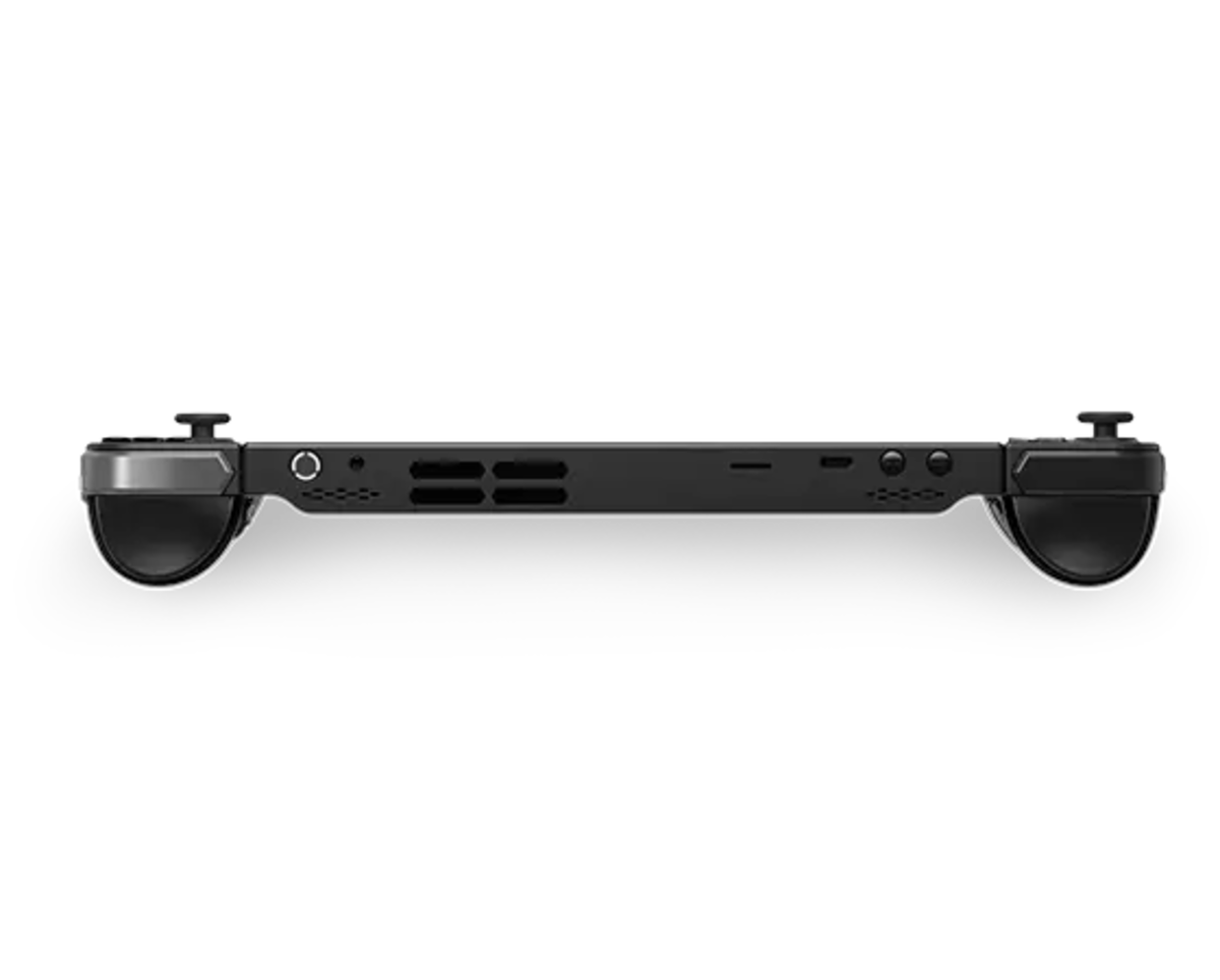 Black gaming controller on a white background
