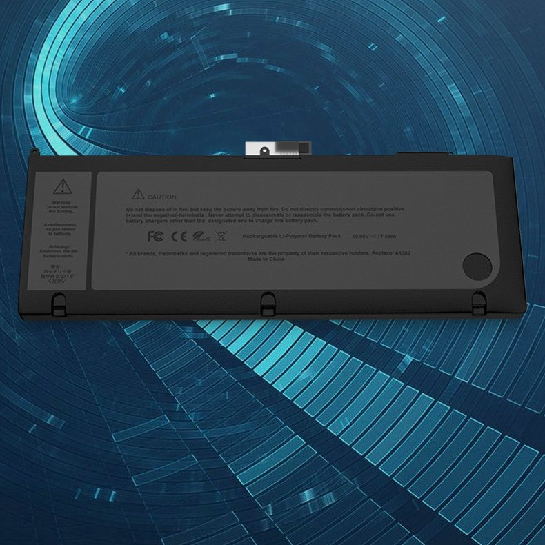 Black battery pack with warning labels on a blue technical background